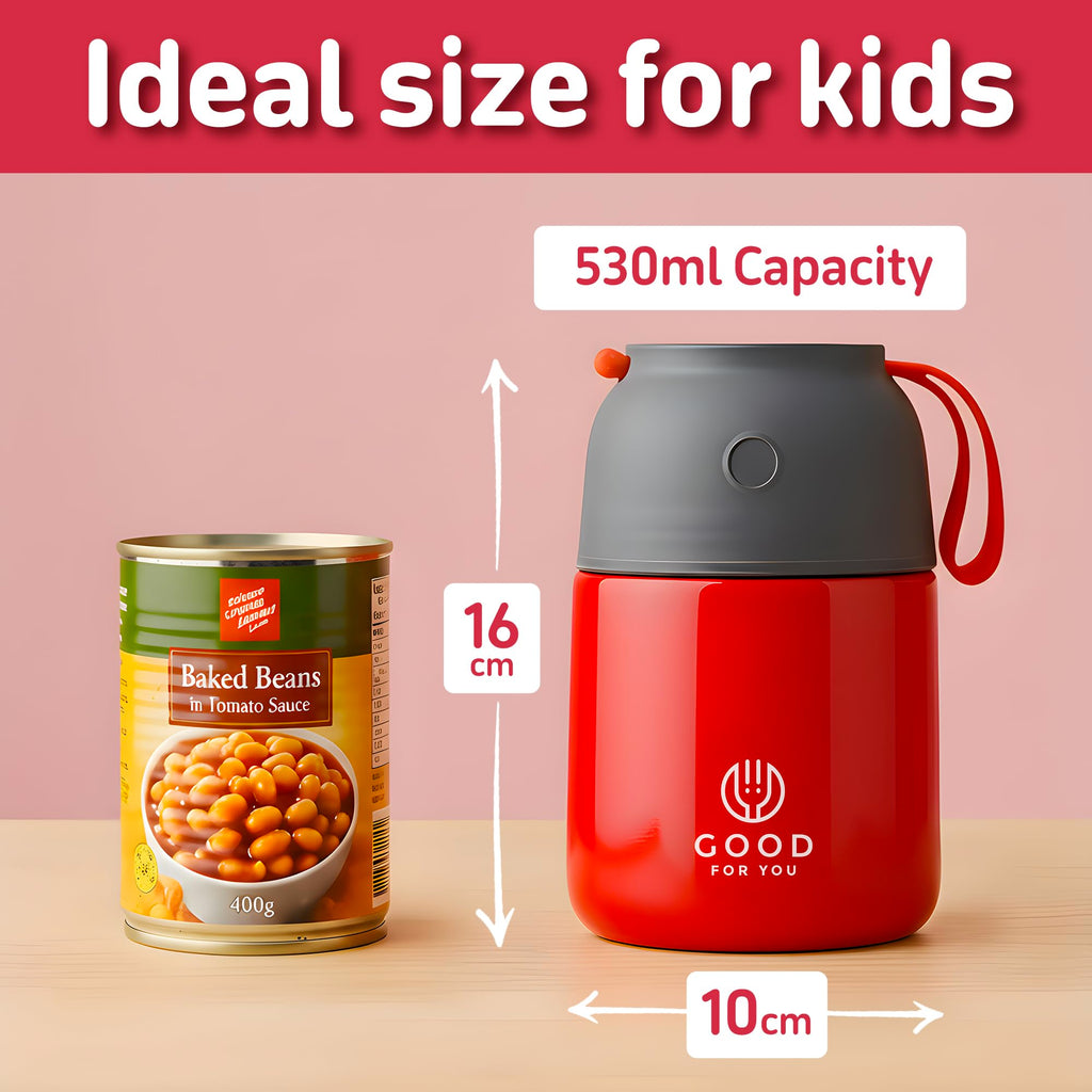 Insulated Food Flask - 530ml Stainless Steel Jar for Hot and Cold Meals – Double-Wall Insulation, Thermal Food Container for School, Office, Travel, Camping - Foldable Spoon, Bag - Red - 24.7 oz