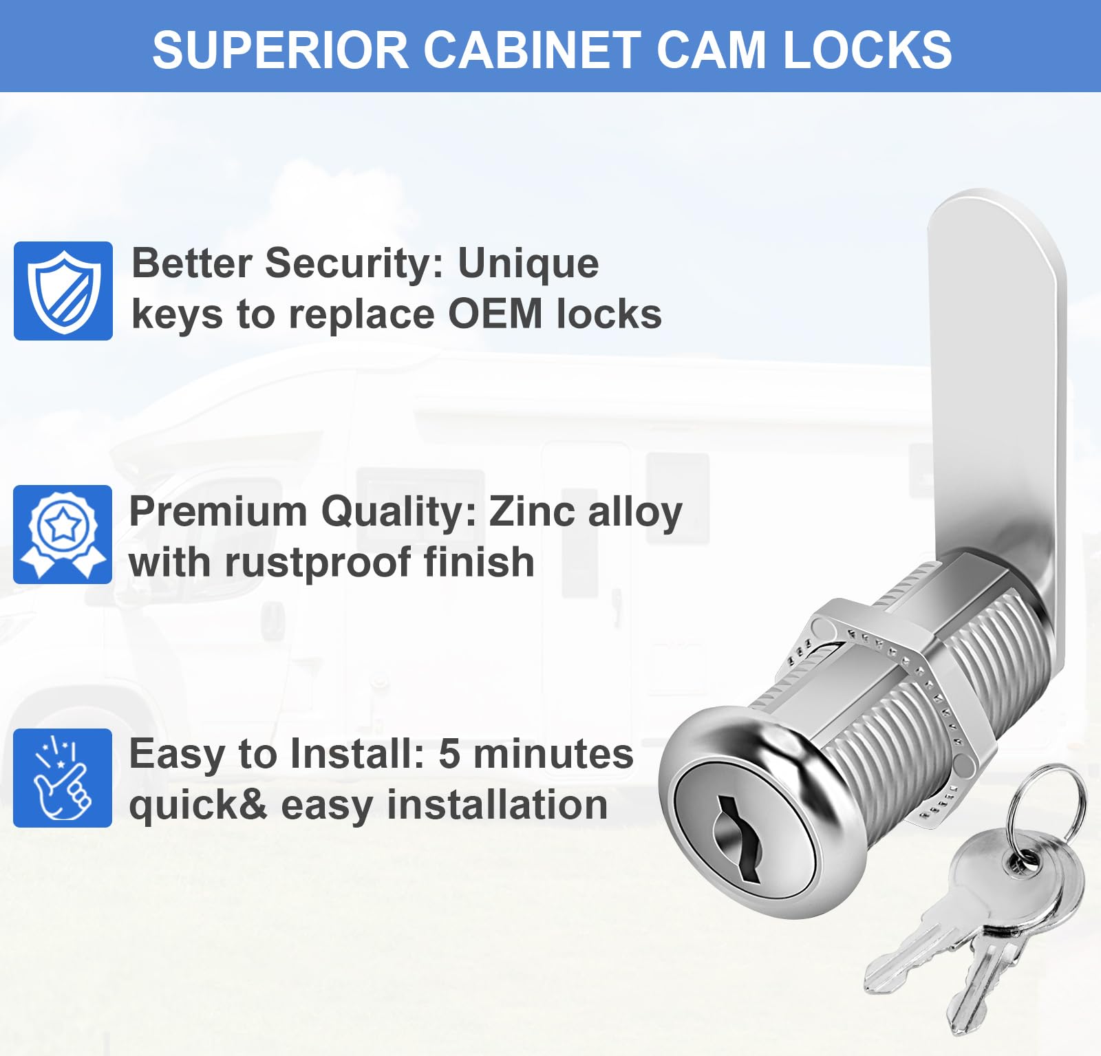 Cylinnda Cabinet Locks with Keys, 1-1/2" Long Cam Locks Keyed Alike, Cabinet Cam Lock Set for Cabinets RV Storage Locks Tool Box Lock Thick Drawer, Zinc Alloy (6 Pack, 1-1/2 Inch)