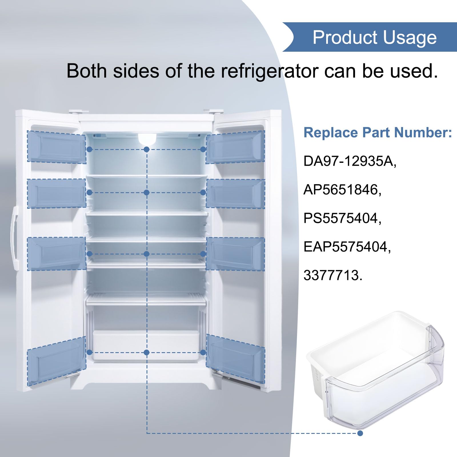 DA97-12935A Door Bin,Replacement for Samsung Fridge Door Bin RF220NCTASG、RF220NCTASR、RF220NCTASP、RF220NCTAWW etc refrigerator. Replace PS5575404、Ap5651846、EAP5575404、3377713 Samsung Fridge Door Shelf.