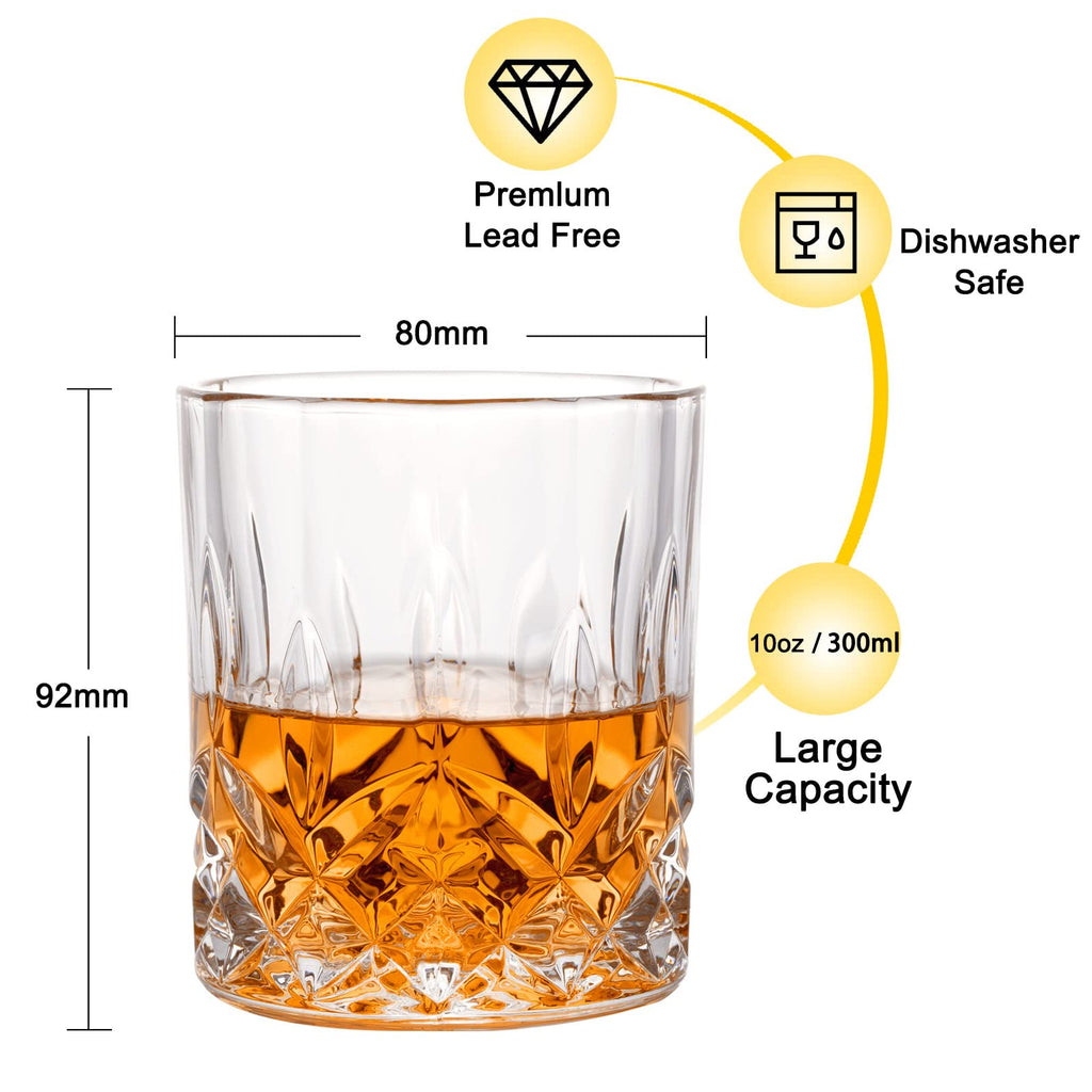 Whiskey Rocks Glass, Set of 4 (2 Crystal Bourbon Glasses, 2 Round Big Ice Ball Molds) in Gift Box - 10 Oz Old Fashioned Glasses for Scotch Cocktail Rum Cognac Vodka Liquor, Unique Gifts for Men
