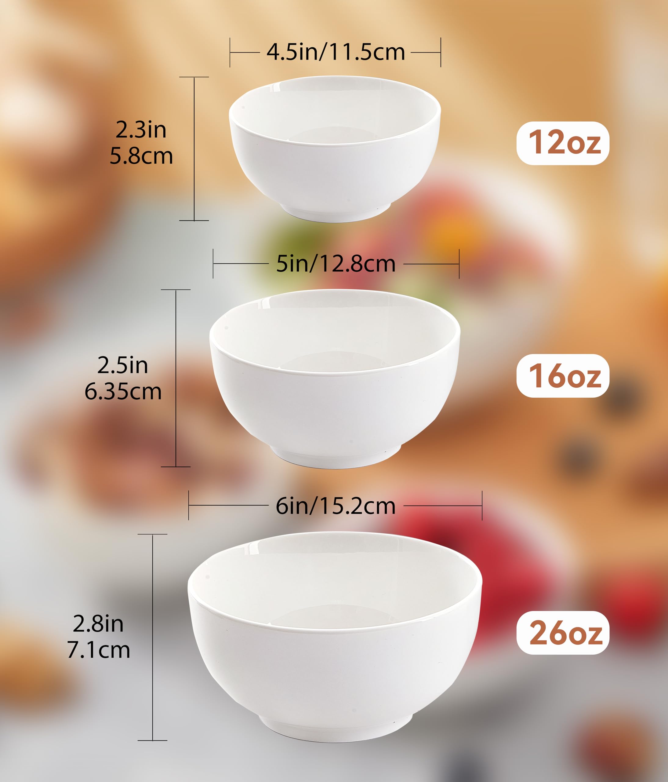 Antokueh White 4.5in Small Ceramic Bowls, 12 OZ, Ice Cream Bowls Set of 6 for Dessert, Rice, Jello, Pudding, Yogurt, Dishwasher/Microwave Safe