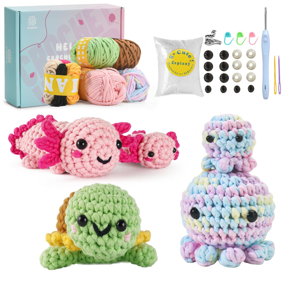 Crochet Kit for Beginners, 5 Pack Amigurumi Beginner Crochet Kit, Crochet Turtle Axolotl Octopus kit Crochet for Beginners, Crochet Animals Knitting Kit with Step-by-Step Video, Crafts for Adults