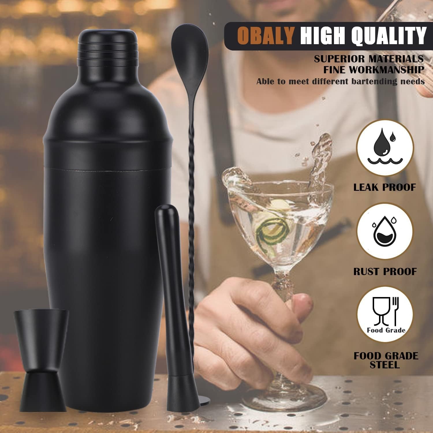OBALY Bartender Kit | 11-Piece Cocktail Shaker Set with Bamboo Stand | Bar Set for Drink Mixing | Drink Mixer Set with Shaker, Jigger, Strainer, Mixer Spoon, Muddler | Professional Bar Tools