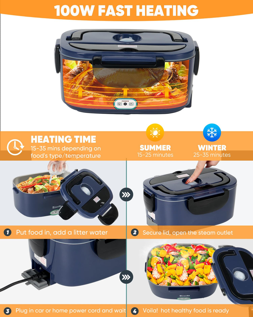 Electric Lunch Box Food Heater - 100W Fast Heating Lunch Box 12V/24V/110-230V Warming Lunchbox, Dual 1.5L Containers, Portable Food Warmer for Car/Truck/Travel, with Spork & Insulated Carry Bag