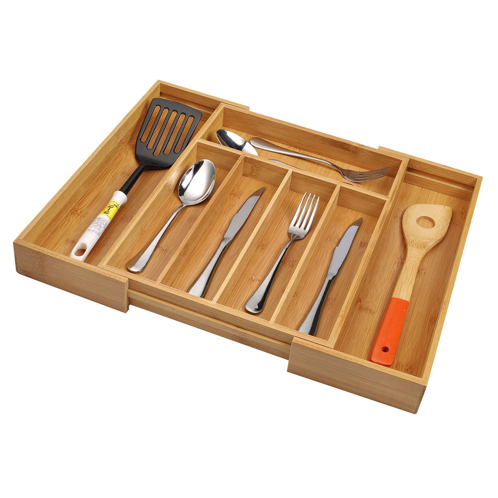 SafeHouseware Bamboo Expandable Cutlery Organizer Tray: Holds Silverware, Flatware, Utensils, Cutlery, Accessories or Gadgets Size:11.5" - 18" W X 15"d X 2" H