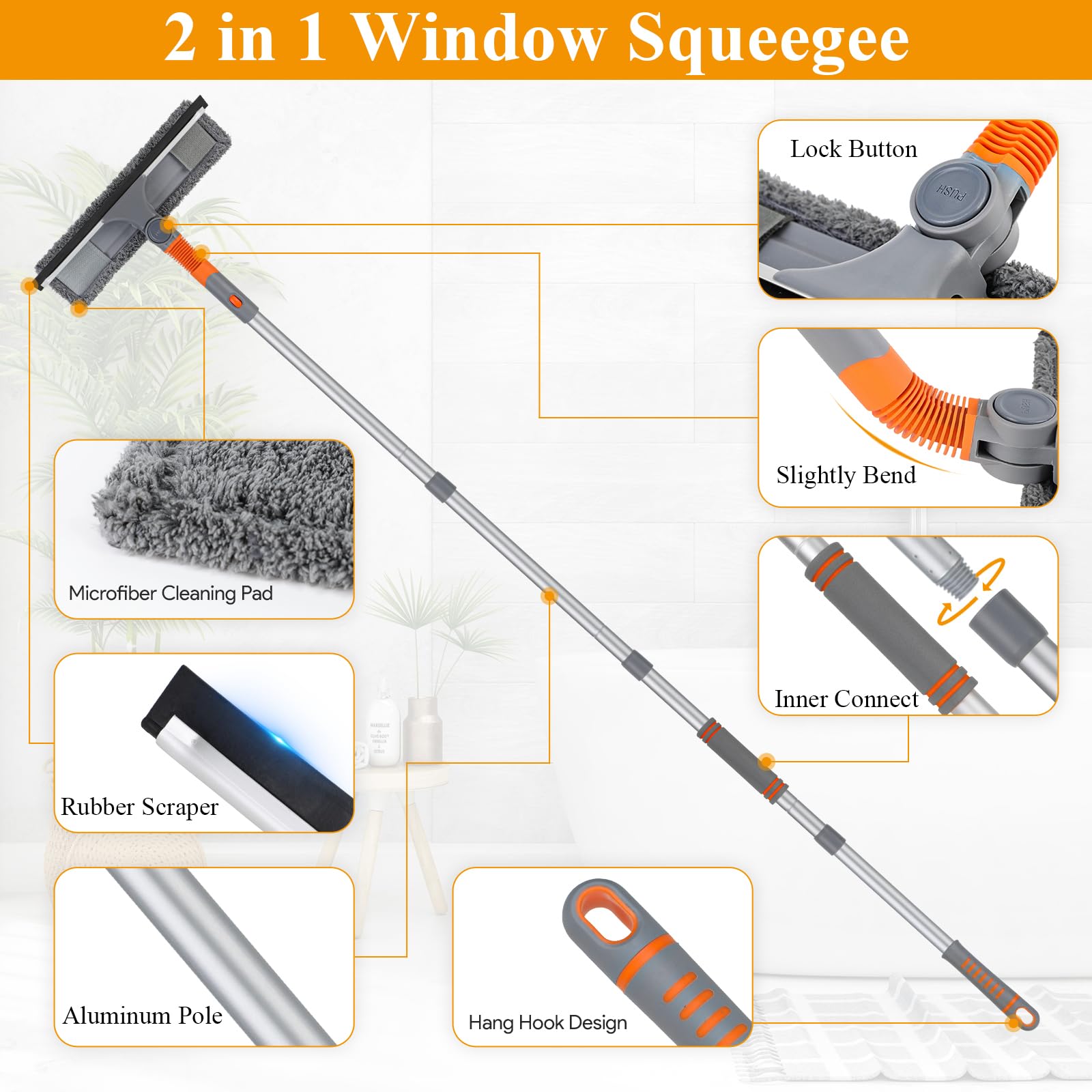 Window Cleaning Tools - Squeegee Window Cleaner - 2-in-1 Multifunctional Shower Squeegee Extendable - Windows Washing Tools for Outdoor Indoor Car