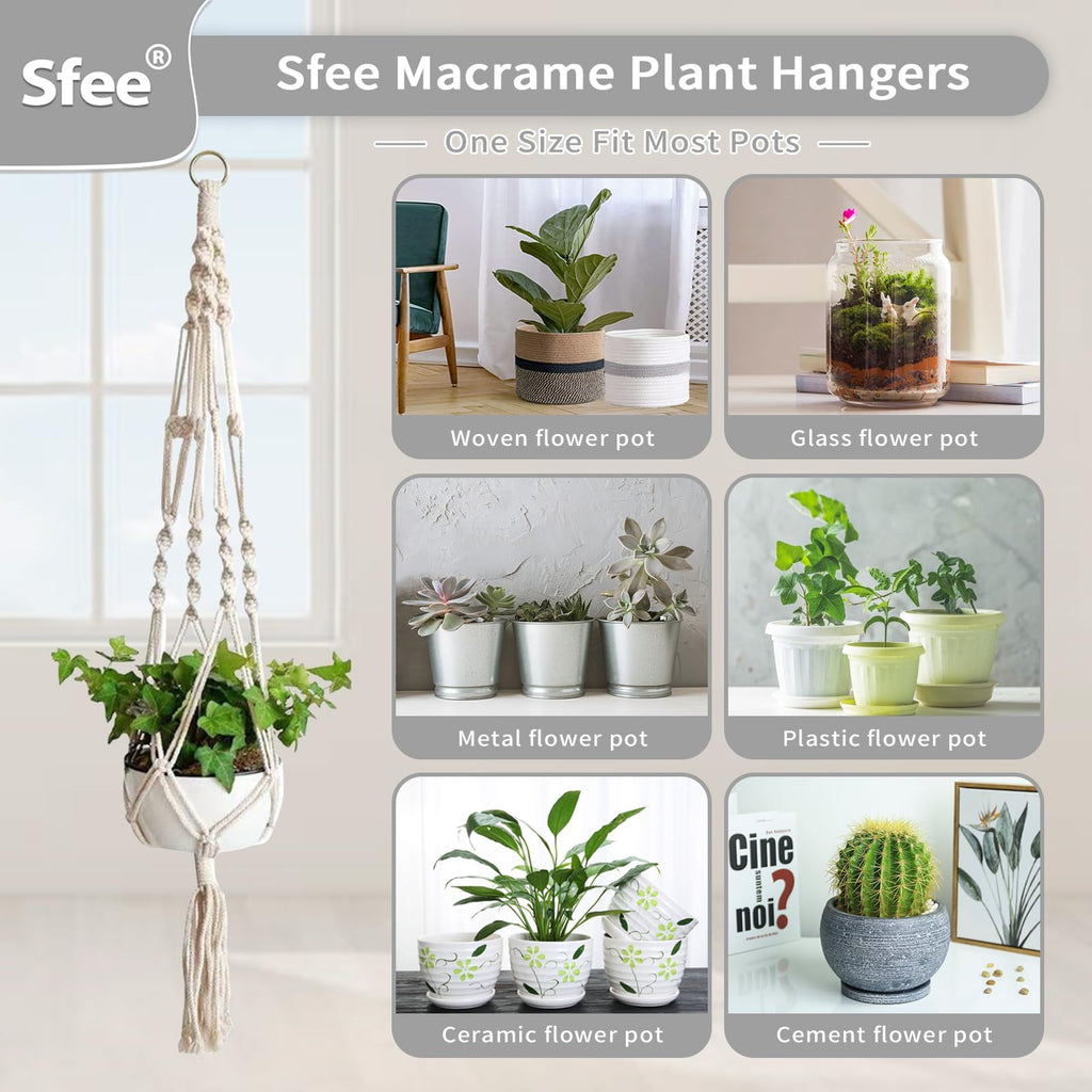 Sfee 2 Pack Macrame Plant Hangers, Hanging Planters Indoor Outdoor Handmade Cotton Rope Hanging Plant Pot Durable Flower Pots Holder for Home Garden Balcony Ceiling Decorations with 2 Hooks(White)