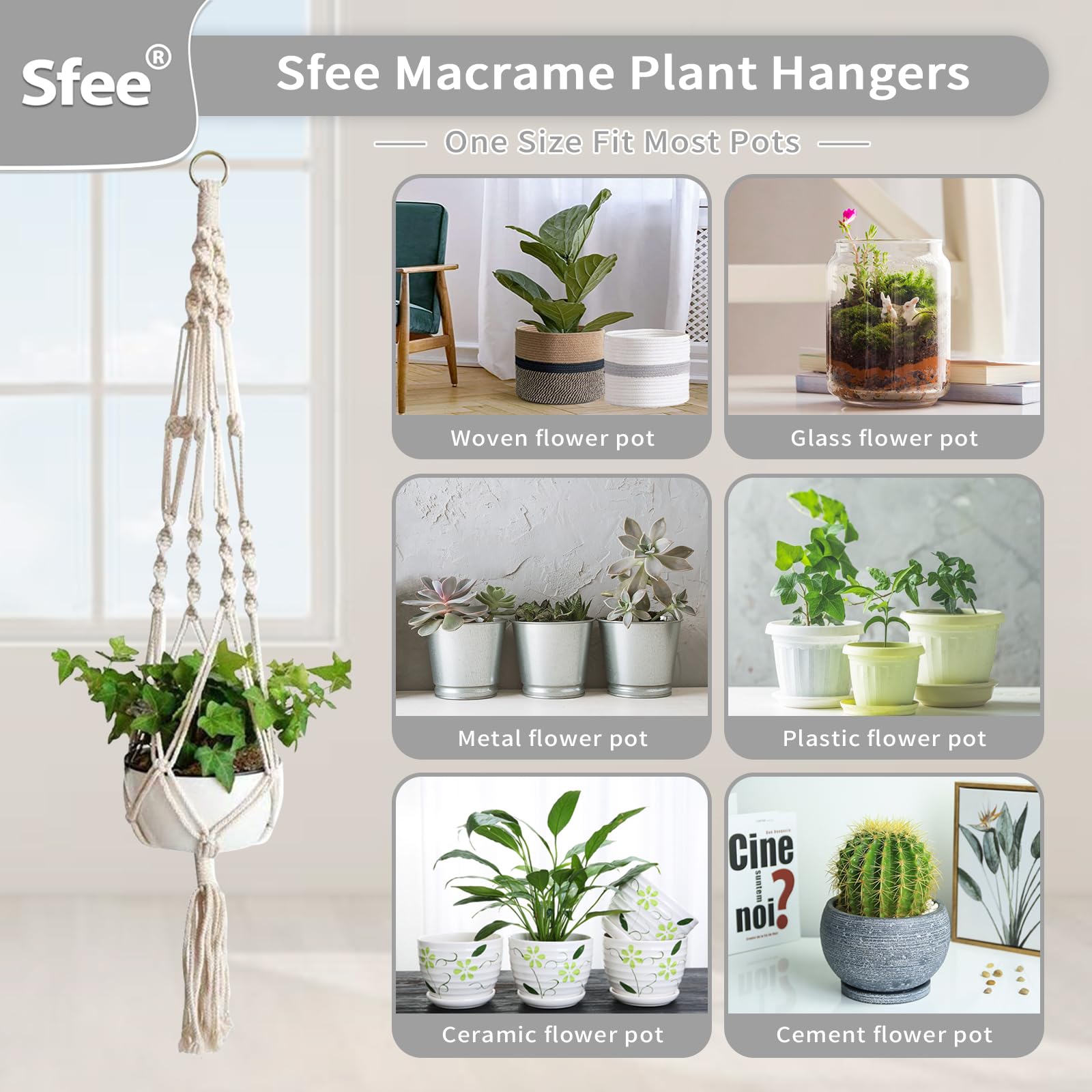 Sfee 2 Pack Macrame Plant Hangers, Hanging Planters Indoor Outdoor Handmade Cotton Rope Hanging Plant Pot Durable Flower Pots Holder for Home Garden Balcony Ceiling Decorations with 2 Hooks(White)