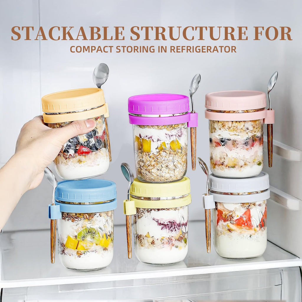 AsstarJTK 6 Pack Overnight Oats Containers with Lids and Spoons - 16 Oz Glass Mason Jars for Overnight Oats Airtight Jars Leak Proof Oatmeal Container Meal Prep Jar for Yogurt,Milk,Cereal,Fuirt,Salad