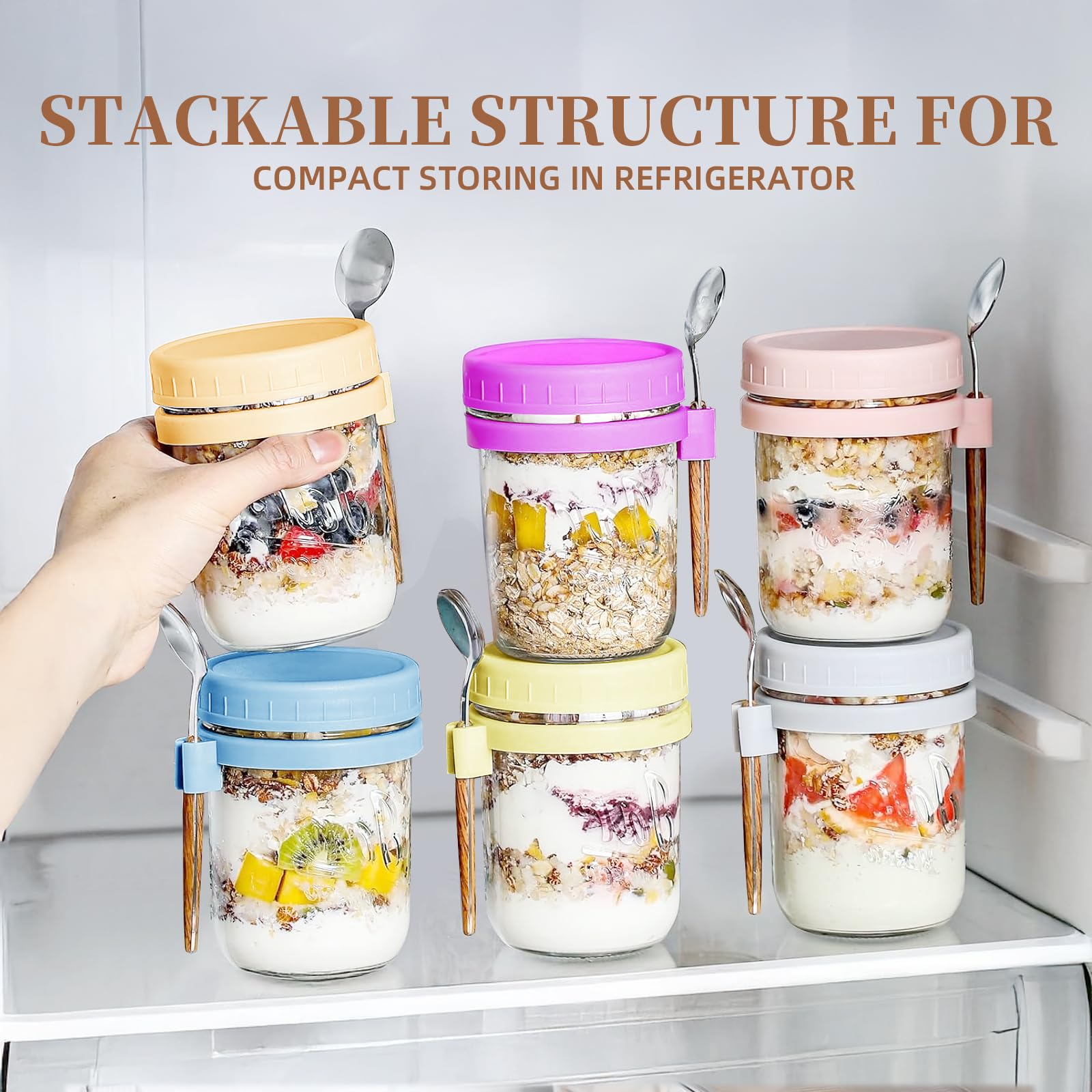 AsstarJTK 6 Pack Overnight Oats Containers with Lids and Spoons - 16 Oz Glass Mason Jars for Overnight Oats Airtight Jars Leak Proof Oatmeal Container Meal Prep Jar for Yogurt,Milk,Cereal,Fuirt,Salad