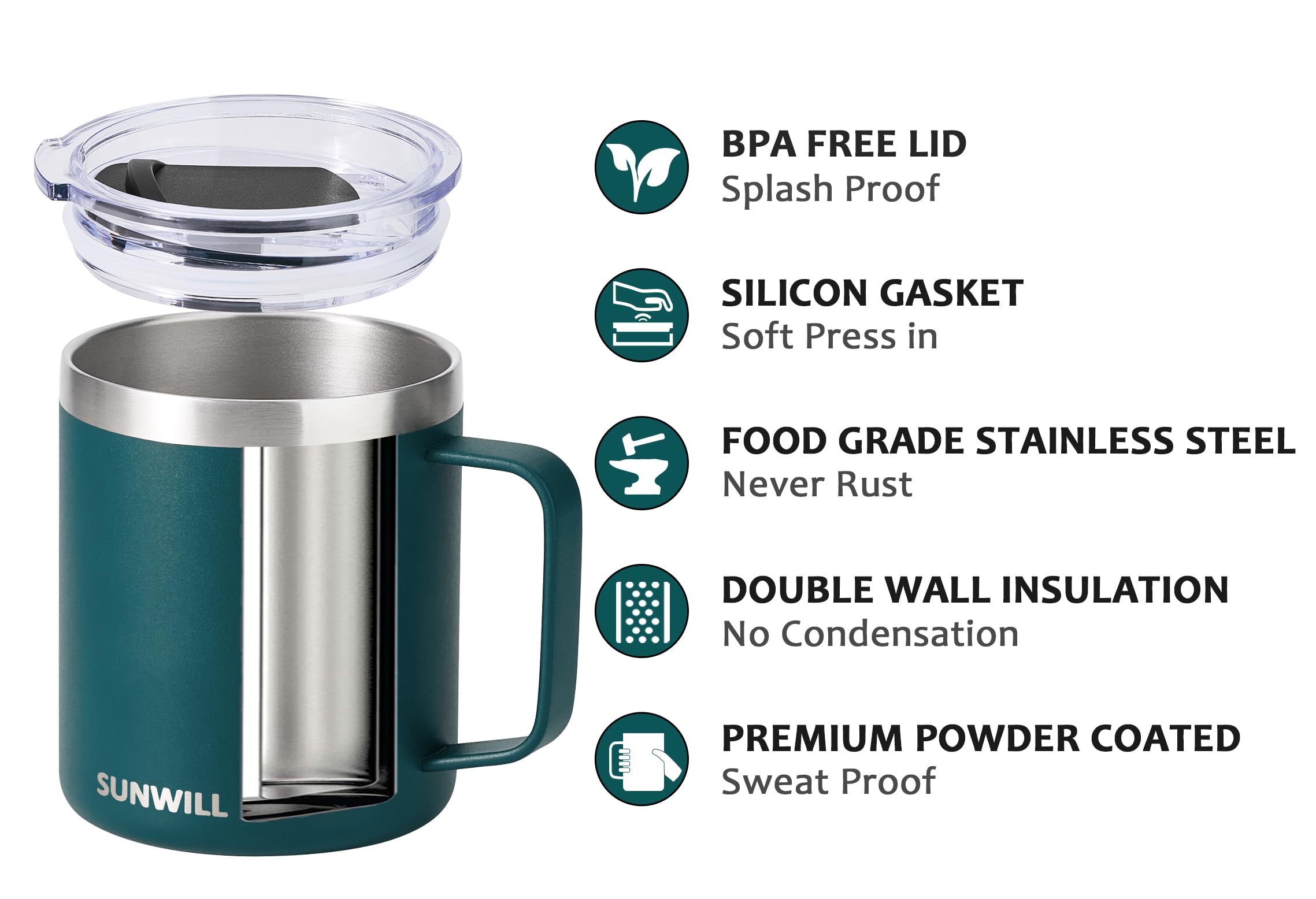 SUNWILL Insulated Coffee Mug with Lid, Travel Tumbler with Handle, 14 oz Stainless Steel Cup for Camping, Office, Home, Powder Coated Deep Green