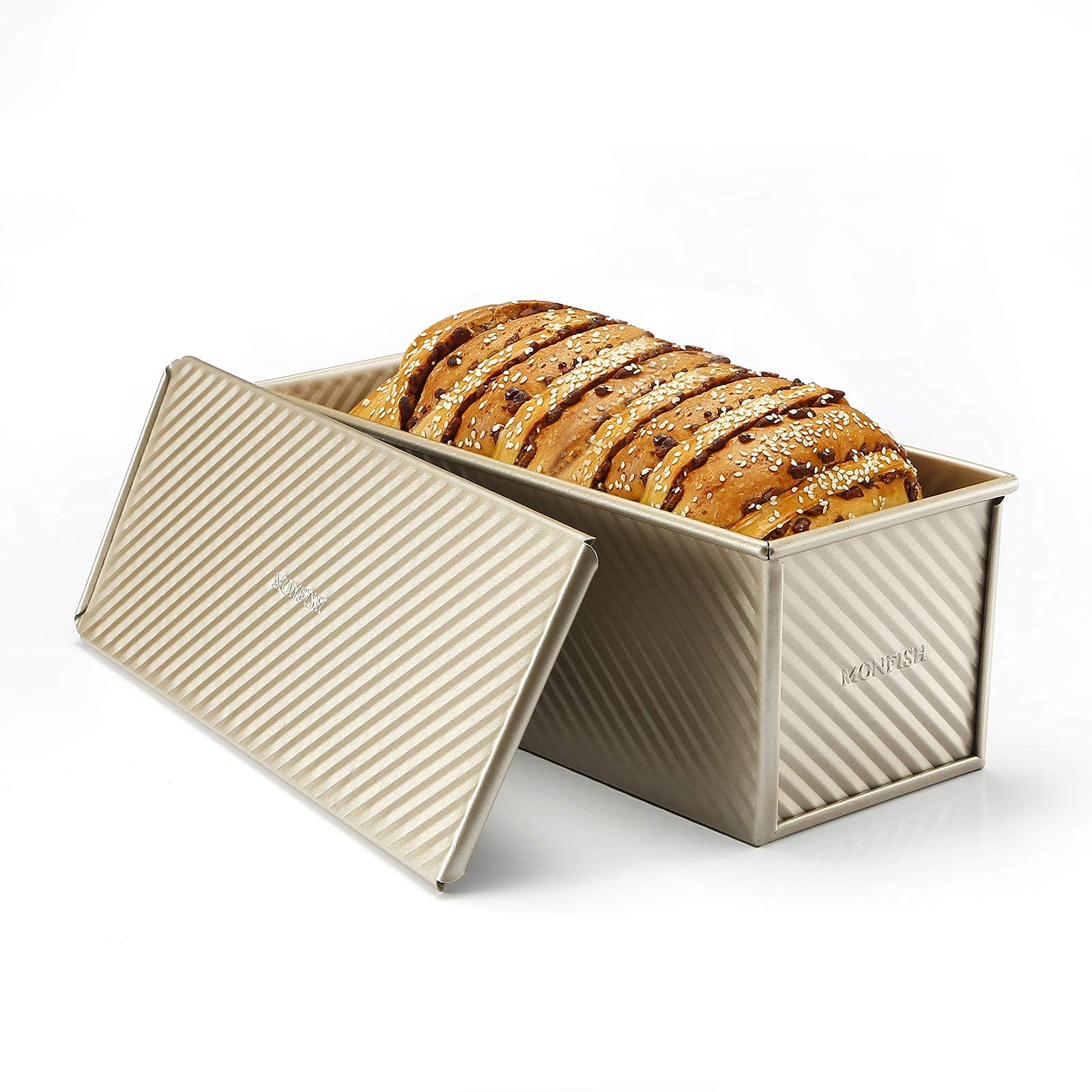 Monfish Pullman Loaf Pan w Cover large Toast Mold rectangle loaf pan w lid 2.2lb dough alluminumed steel champange gold non stick baking bread pan
