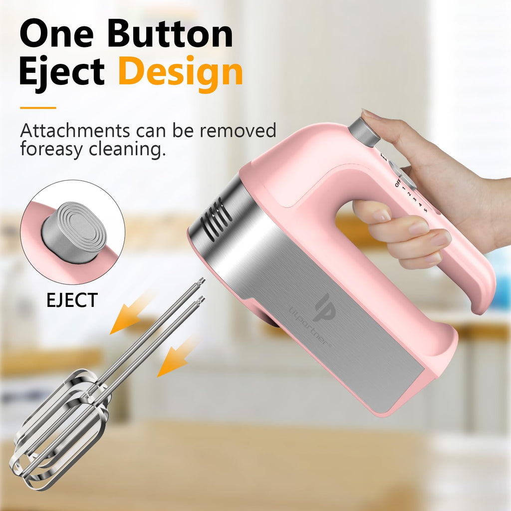 Hand Mixer Electric, 450W Kitchen Mixers with Scale Cup Storage Case, Turbo Boost/Self-Control Speed + 5 Speed + Eject Button + 5 Stainless Steel Accessories, For Easy Whipping Dough,Cream,Cake