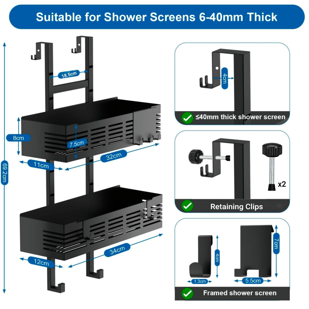 Hodzeed Shower Caddy Hanging Over The Door, Rustproof Shower Shelves with Hooks Black Shower Rack Hanging Shower Organizer Shelf 2 Tier No Drilling Bathroom Shelf Over the Door for Dorm,Toilet,Kitchen