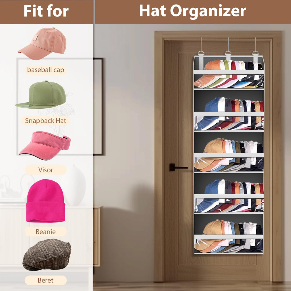 KYEVIS Over The Door Hat Rack for Baseball Caps, Hold up to 60 Hats Organizer Storage for Closet Wall, Clear Hanging Hat Holder with 10 Mesh Pockets