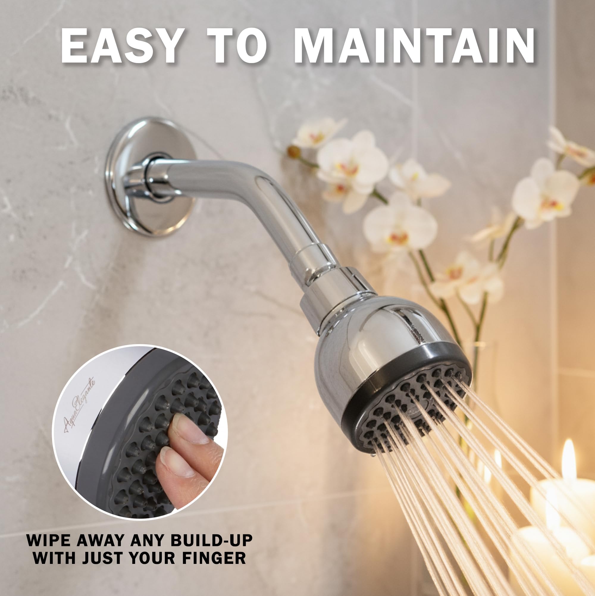 Aqua Elegante High Pressure Shower Head - Best 3 Inch Wall Mount Bathroom Showerhead for Boosting Low Flow with Anti-Clog Nozzles & Adjustable Brass Ball Joint - 2.5 GPM - Polished Chrome