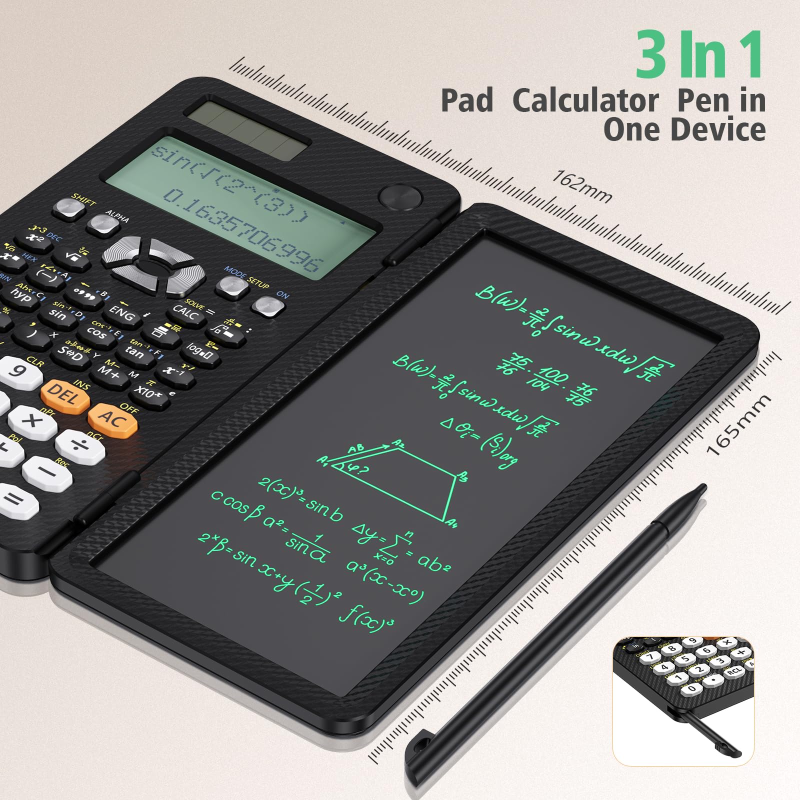 NEWYES Rechargeable Scientific Calculators 991ES MAX, 417 Functions, Writing Pad, Foldable Hard Case, 4-Line Written Display Advanced Calculators for Students School Engineering, Dual Power, Black