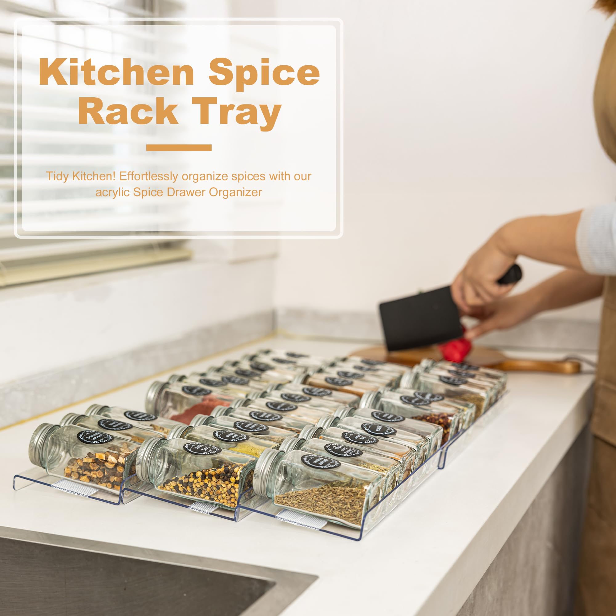 Brippo 8-Pack Spice Drawer Organizer, Expandable Acrylic Seasoning Rack (13" to 26") with Anti-Slip Mat, Kitchen Spice Rack Tray Holds up to 56 Jars