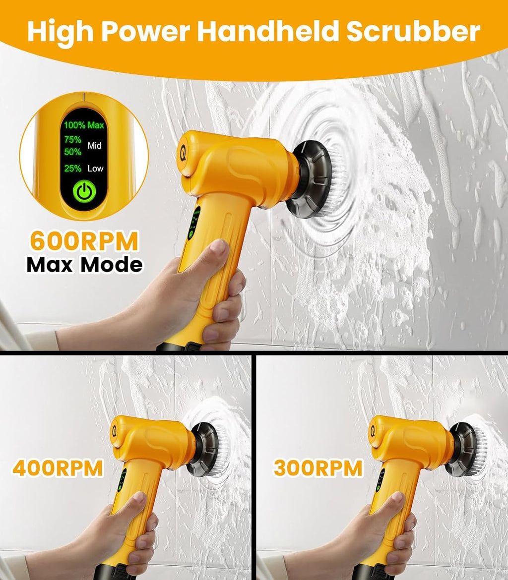 Qimedo Electric Spin Scrubber, 5000mAh Power Handheld Scrubber with 2 Replaceable Batteries & 5 Heads, Household Cordless Cleaning Brush with Display for Kitchen, Sink, Dish, Window & Grout