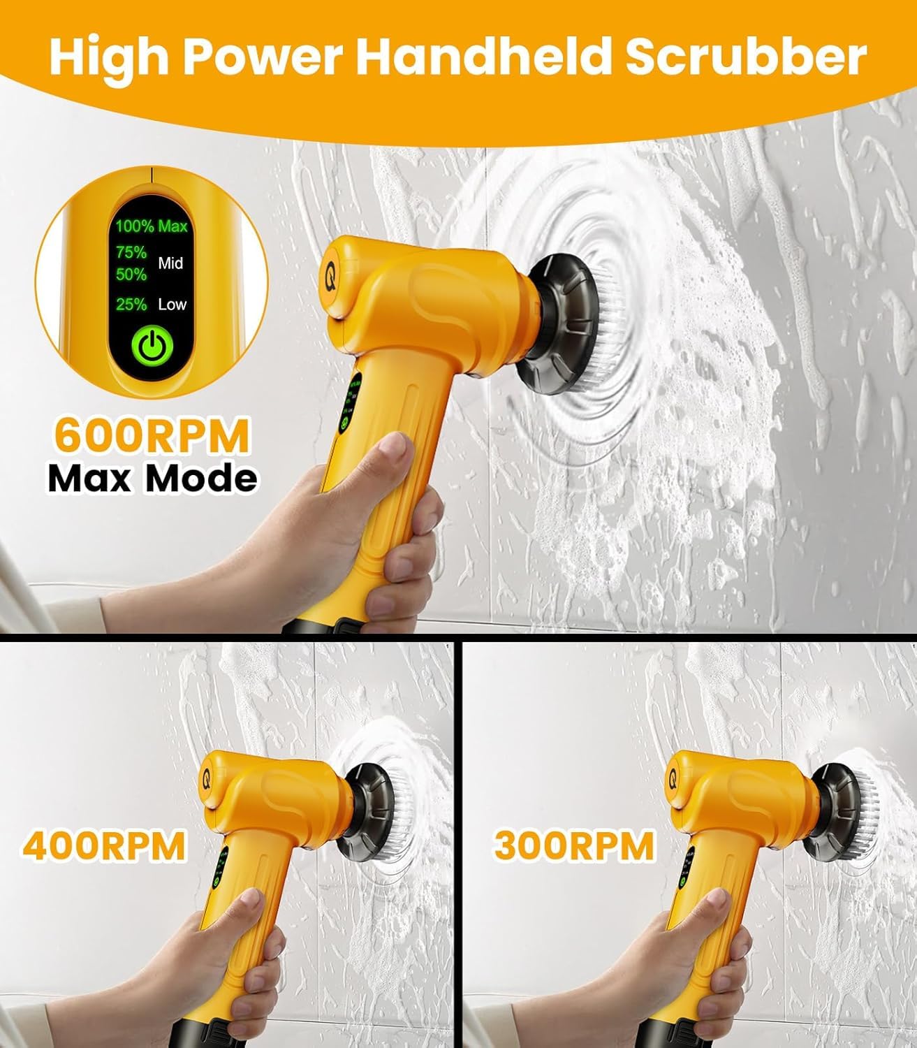 Qimedo Electric Spin Scrubber, 5000mAh Power Handheld Scrubber with 2 Replaceable Batteries & 5 Heads, Household Cordless Cleaning Brush with Display for Kitchen, Sink, Dish, Window & Grout