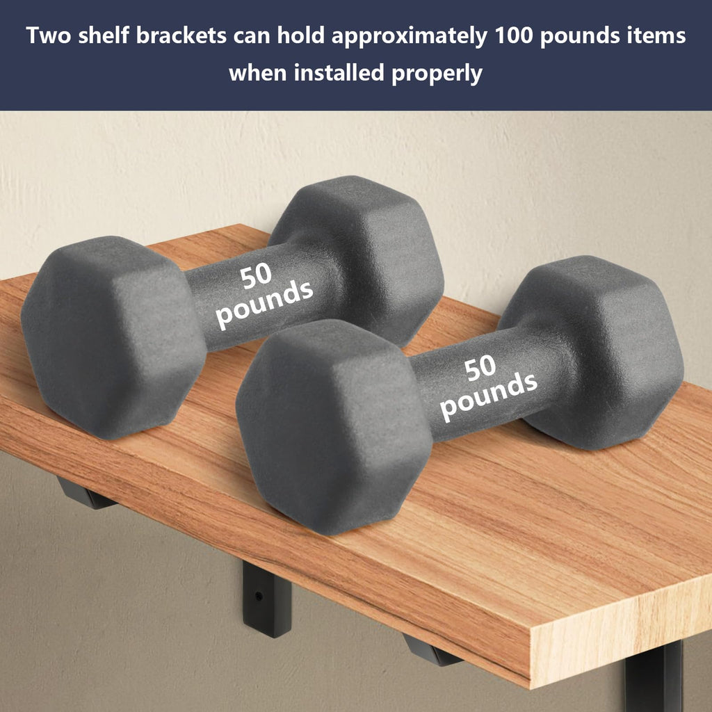 Terafeels 4 Pack Black Shelf Brackets – Stainless Steel L Shaped Wall Shelf Supports with Triangular Reinforcement, Hollow Design, Screws and Wall Plugs Included 6 Inch