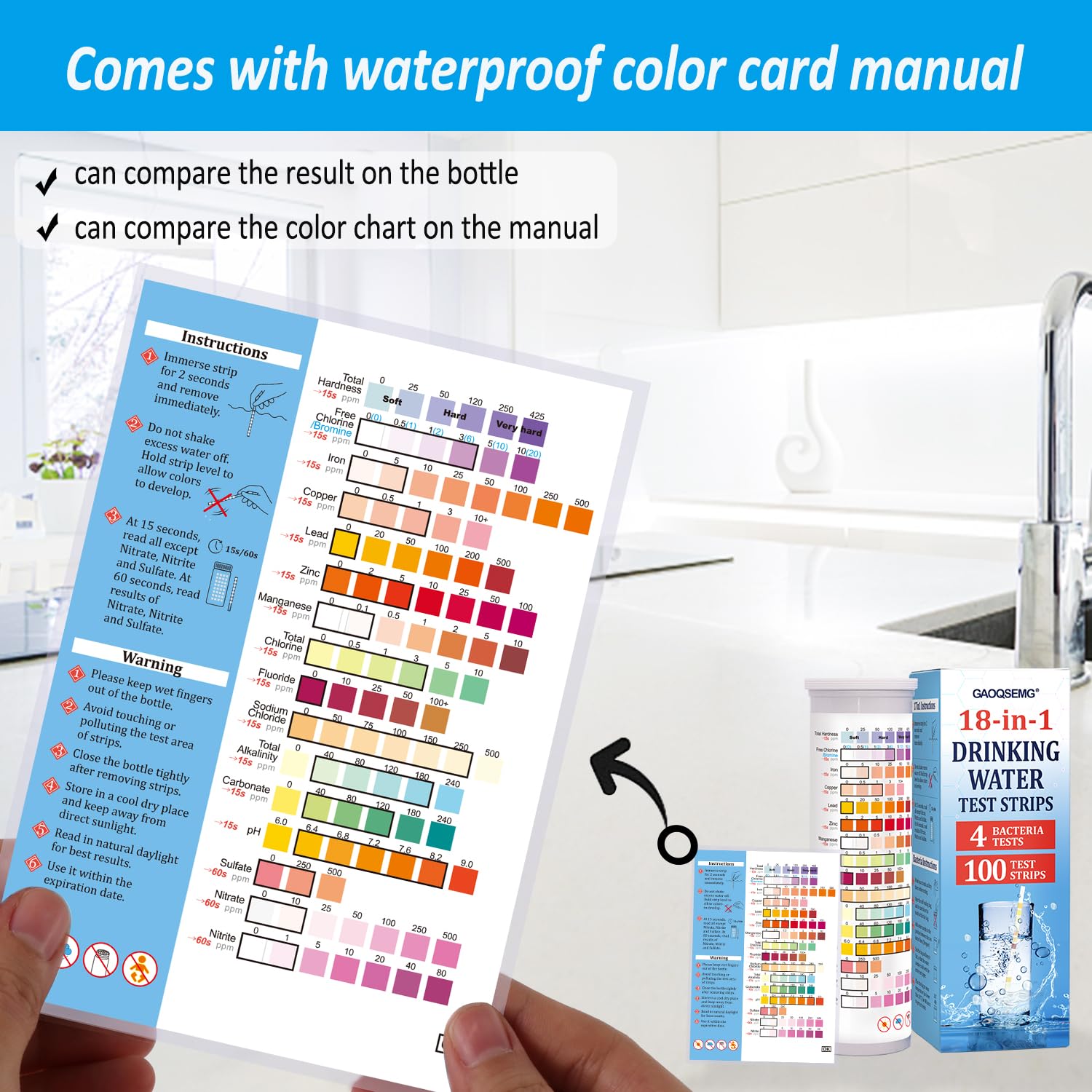 18 in 1 Water Testing Kit for Drinking Water,Well Home Tap Water Test Kit Drinking Water Test Strips for Hardness,Lead,Chlorine,Fluoride,Nitrate,pH,Iron,Copper,Cyanuric Acid,100 Strips