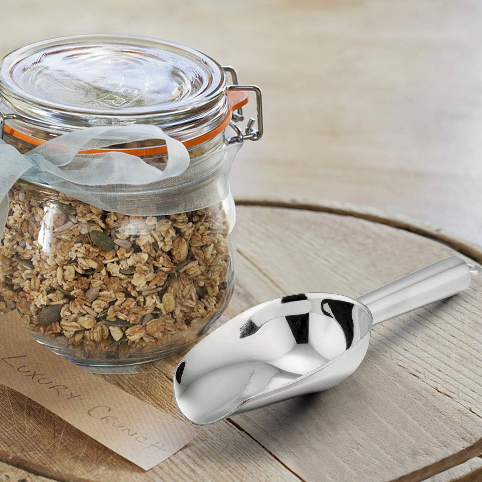 Mini Ice Scoop Set of 2, E-far 3 Ounce Stainless Steel Scoops for Ice Cube/Candy/Flour/Sugar, Metal Utility Scoops for Canisters, Baking, Kitchen Pantry, Rust Free & Dishwasher Safe