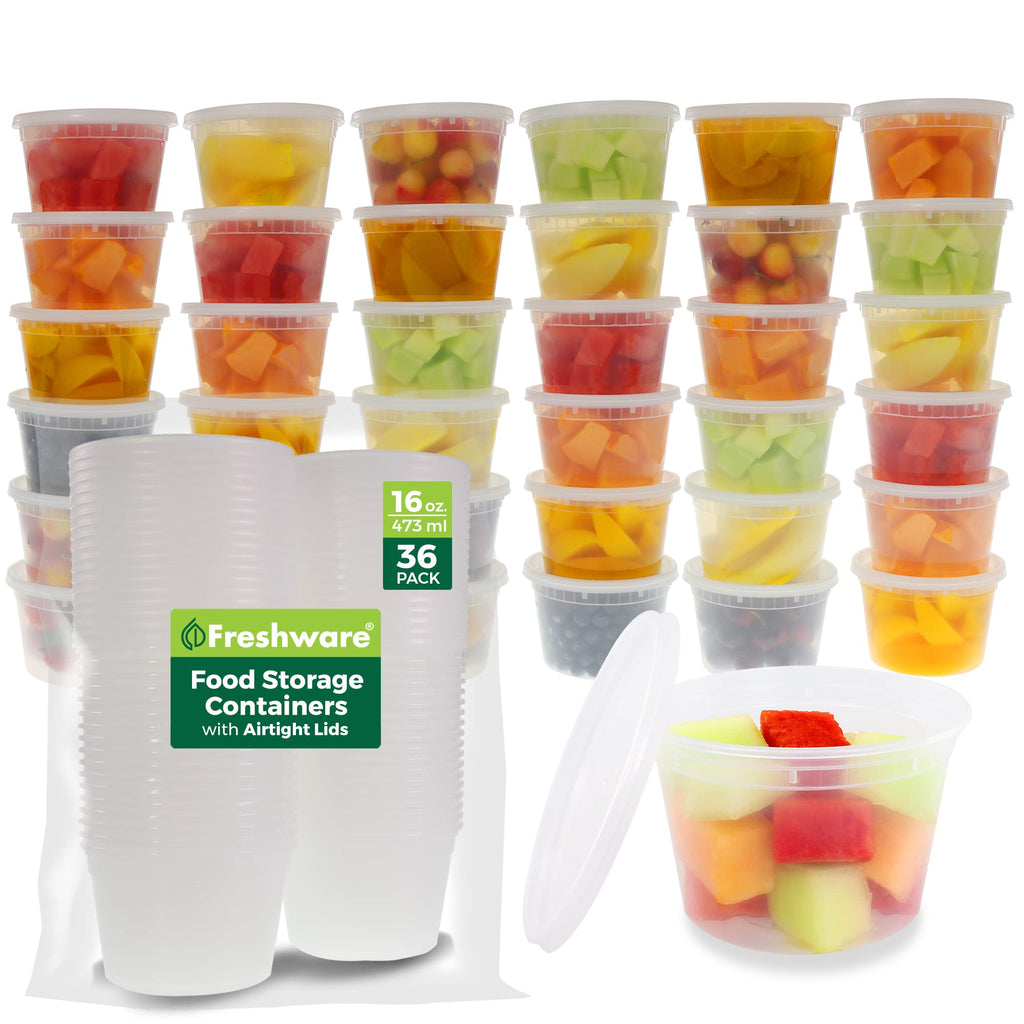 Freshware 16 oz Plastic Food Storage Containers with Airtight Lids - Restaurant Deli Cups, Foodsavers, Baby, Bento Lunch Box, 21 Day Fix, Portion Control, and Meal Prep Containers (Pack of 36)