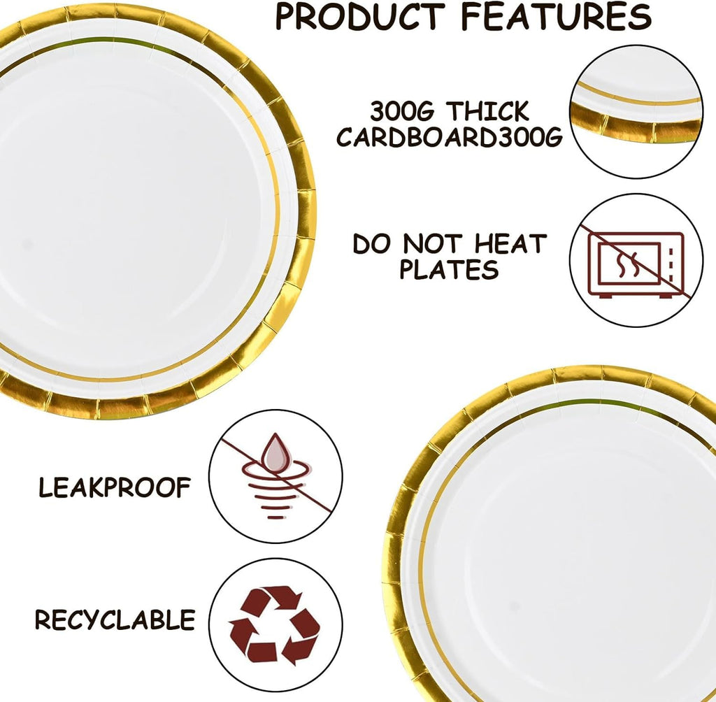 100 Pieces 7 Inches Disposable Paper Plates, Elegant Gold Rimmed Paper Plates Bulk, Round Party Plates for Wedding Birthday Baby Shower Graduction BBQ Picnic Holiday Decorations