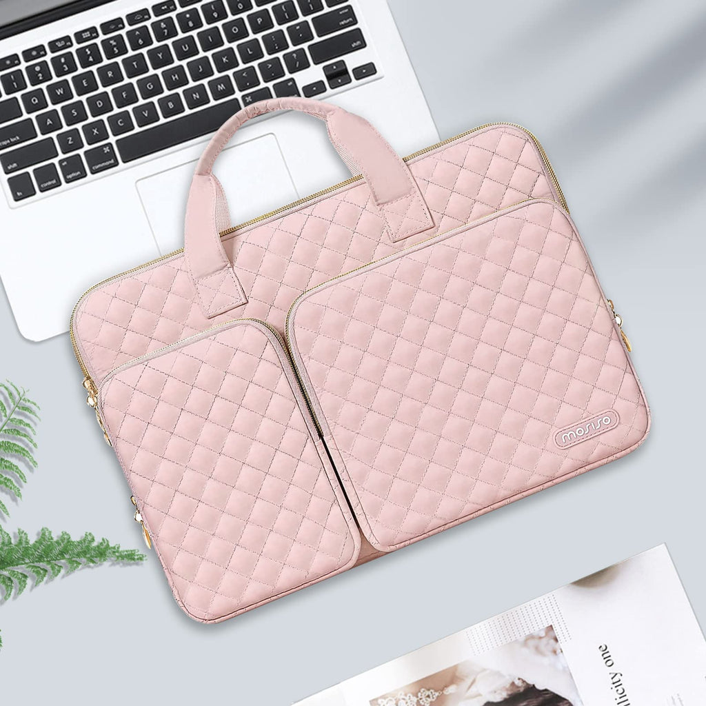 MOSISO 360 Protective Laptop Case 13.3 inch, 13-13.3 inch Laptop Sleeve Compatible with MacBook Air/Pro 13/Pro 14,HP Dell ASUS Lenovo, Square Quilted Bag Cover with 2 Pockets&Handle&Belt,Chalk Pink