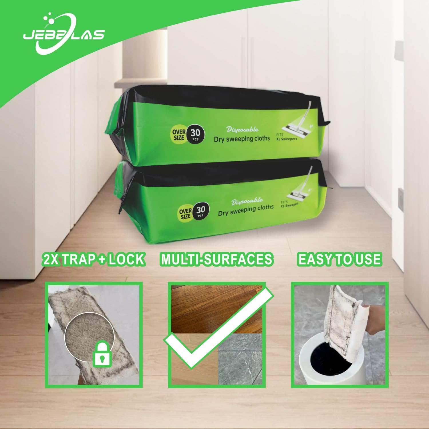 JEBBLAS 60pcs X Large Disposable Mop Cloths Dry Floor Sweeping Pads for XL Sweeper XL Dry Mop Pads 9.84x17.32 inch After Upgrade
