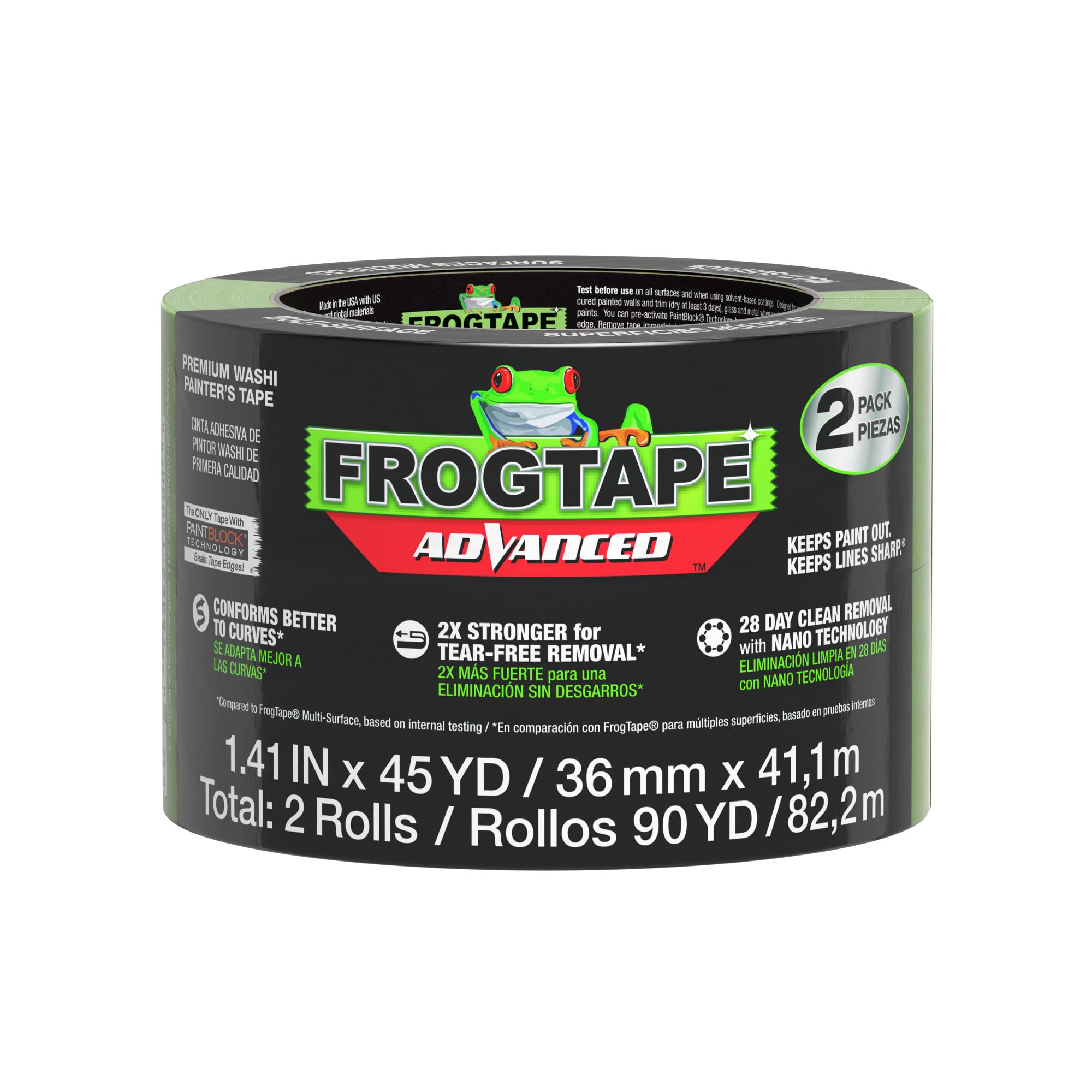 FrogTape Advanced Painters Tape, 1.5 Inch Wide (1.41-Inch x 45-Yard) Multi-Surface Tape with PAINTBLOCK, Conforms Around Curves & Contours, Tear-Free Removability, 2 Rolls, Green