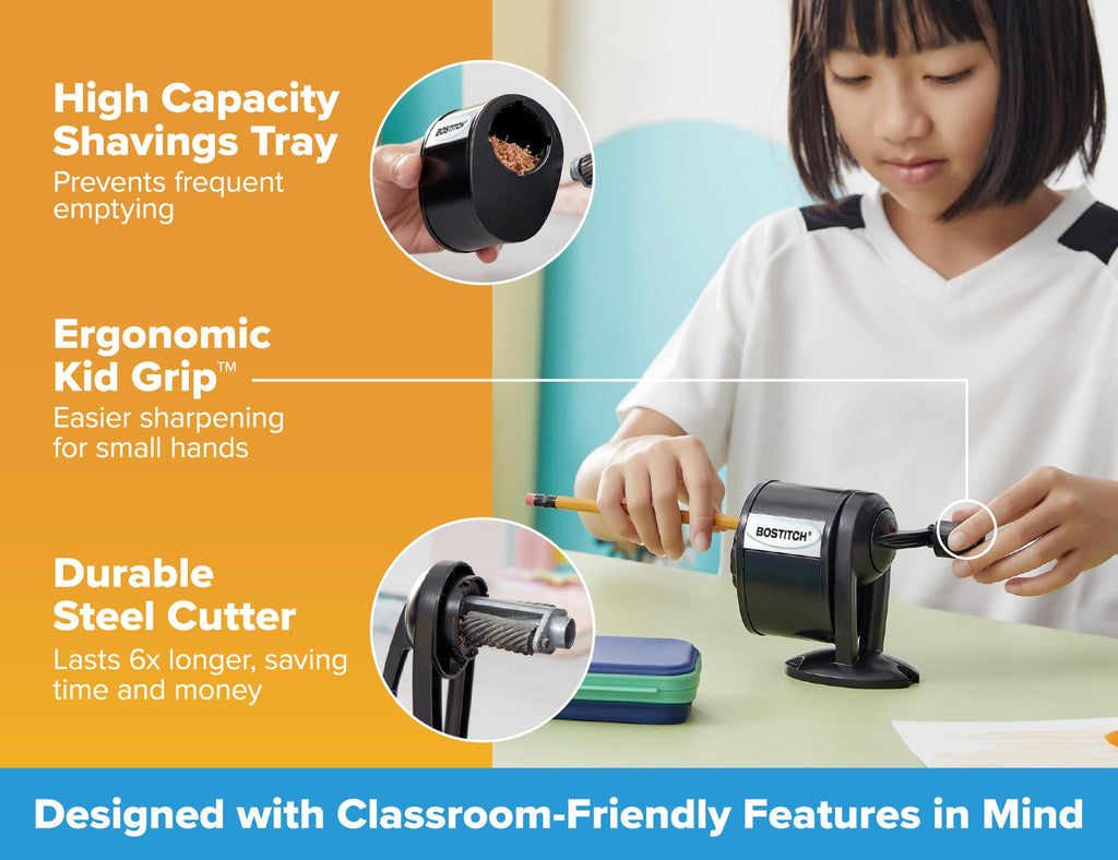 Bostitch Office Wall Mount Manual Pencil Sharpener, Tip Saver, 8 Hole Dial, 6X Longer Cutter Life, Vertical or Horizontal Mounting Black (MPS1-BLK)