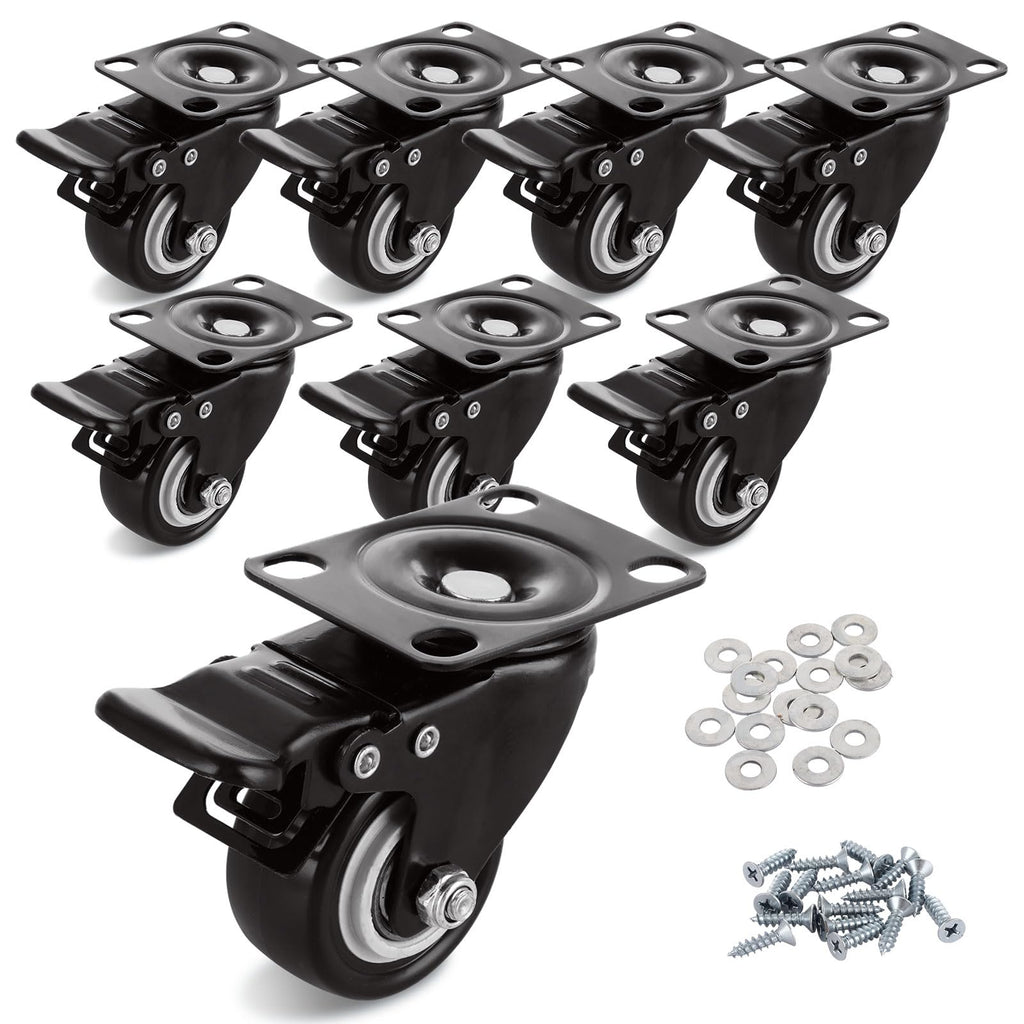 8 Set 2" Caster Wheels, Casters with Brake Heavy Duty Locking Casters with Polyurethane (PU) Wheels, Swivel Plate Castor Wheels for Cart, Furniture, Workbench
