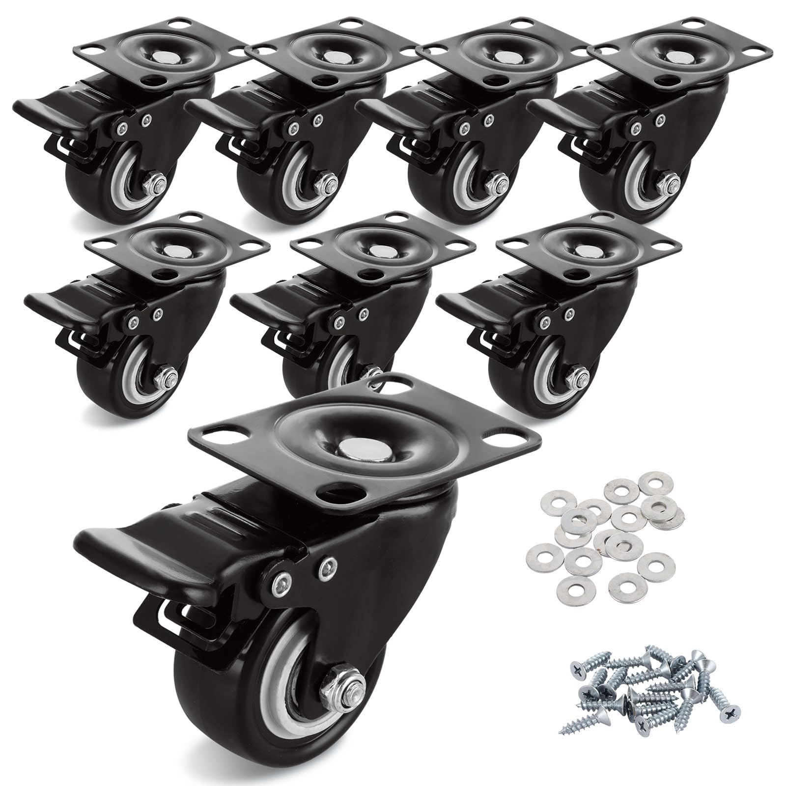 8 Set 2" Caster Wheels, Casters with Brake Heavy Duty Locking Casters with Polyurethane (PU) Wheels, Swivel Plate Castor Wheels for Cart, Furniture, Workbench