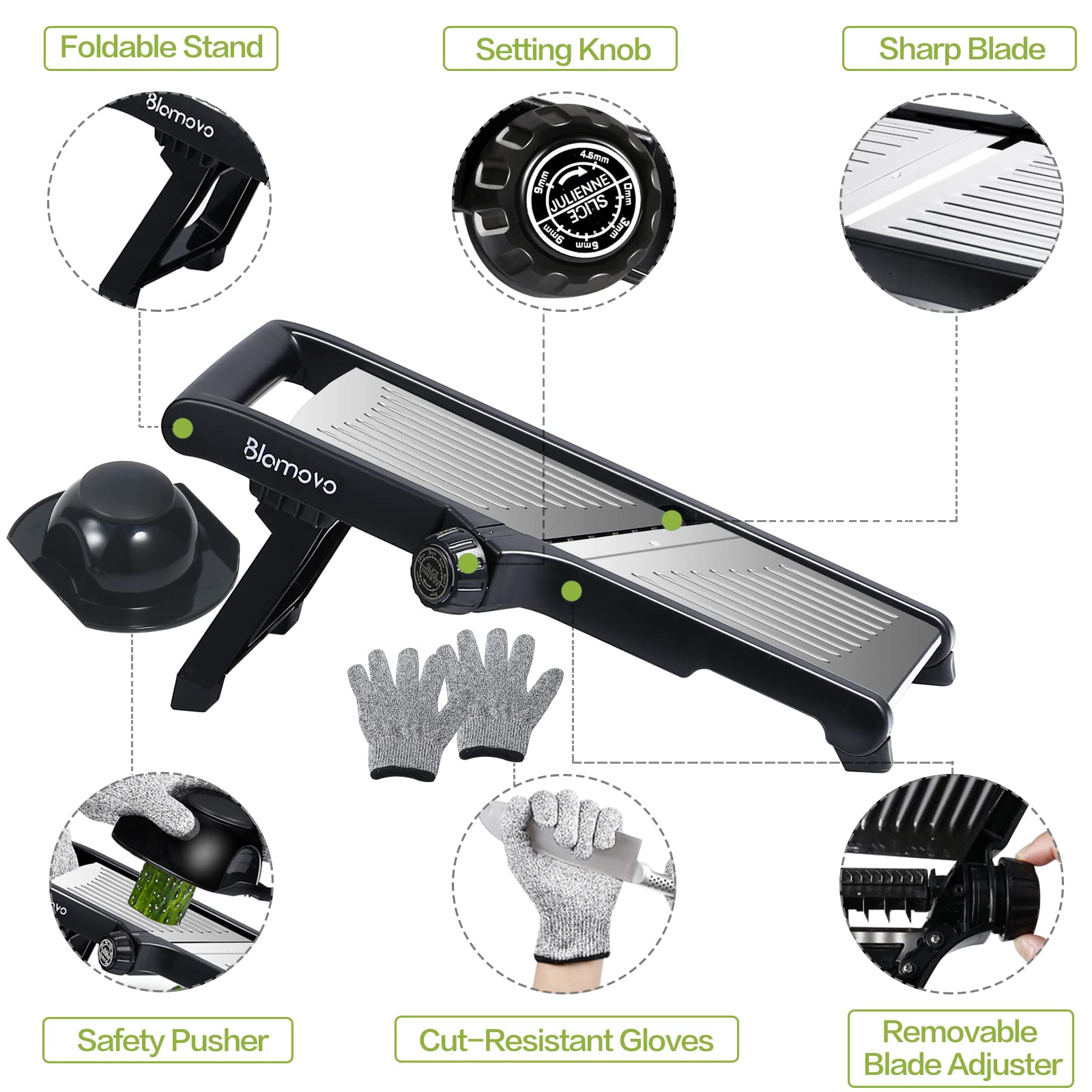 Blamovo Mandoline Slicer for Kitchen, Vegetable Mandolin Slicer with Adjustable Thickness by One-Knob Control, Veggie Fruit Potato Slicer Julienne, with Safety Gloves