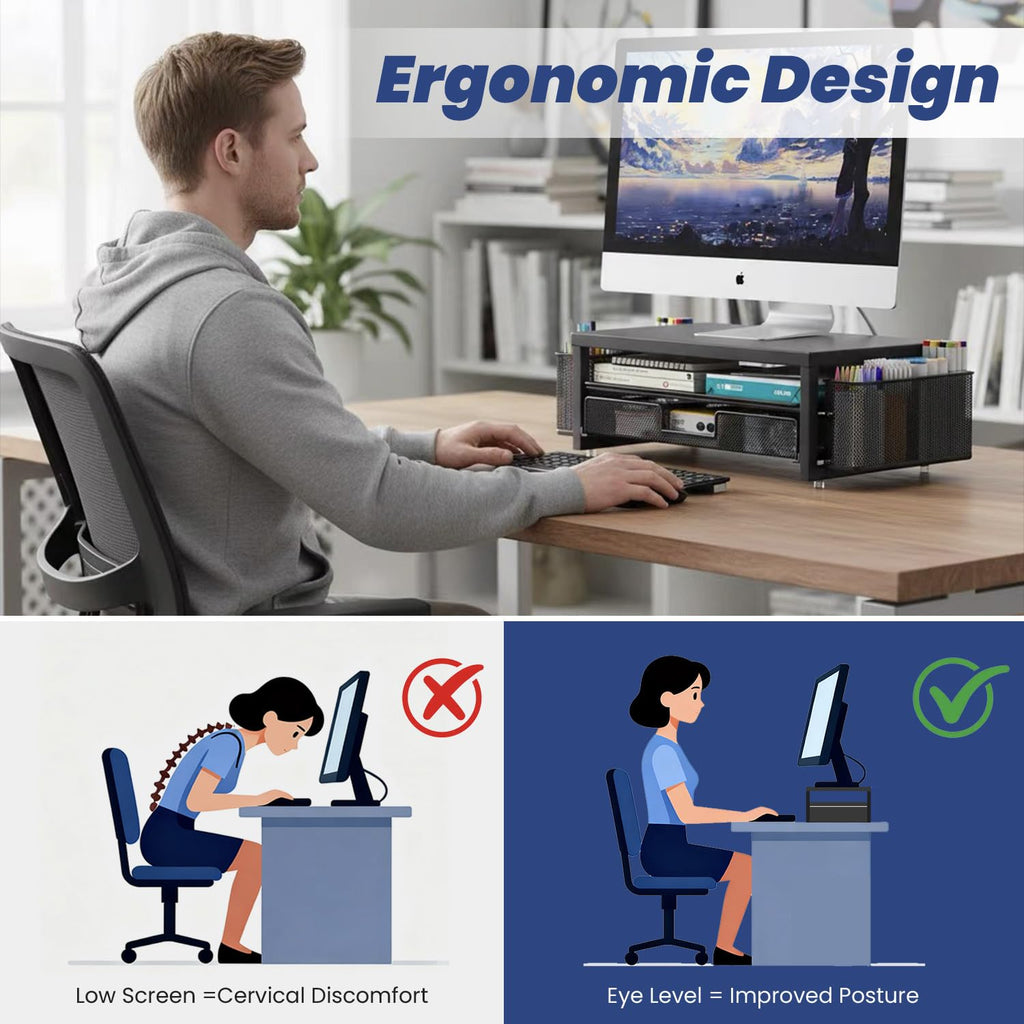 2 Tier Monitor Stand Riser with Drawer & 2 Pen Holders Storage for Desktop, Metal Computer Desk Organizer Stand for Laptop, Computer, iMac(Black)