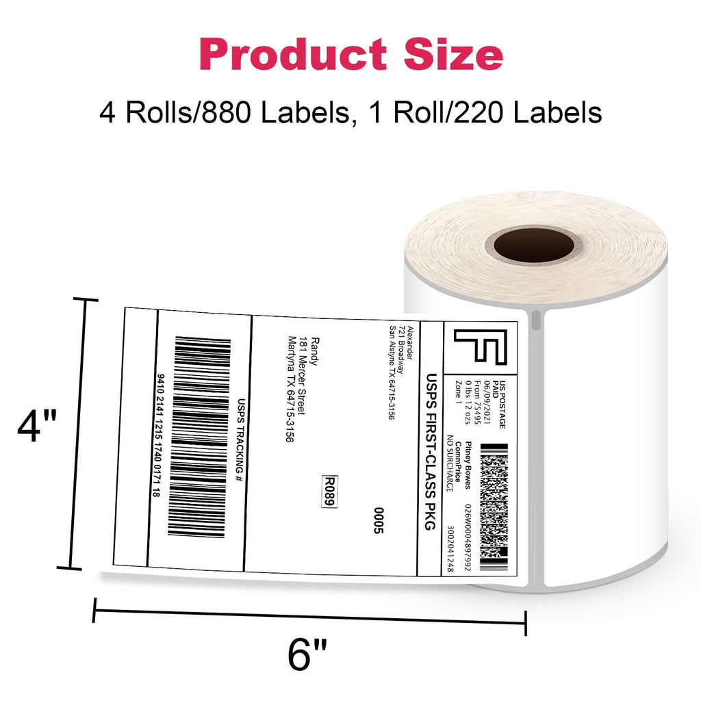 Muotich 4x6 Shipping Labels, 4 Rolls 880 Labels, Thermal Postage Labels for All Thermal Label Printers, Compatible with Dymo LabelWriter 4XL 1744907, 1755120, Permanent Adhesive, BPA Free