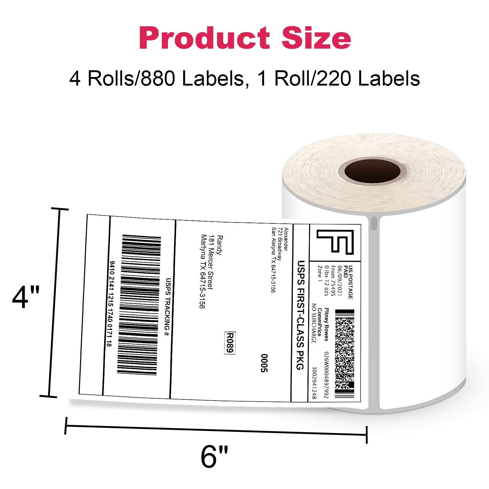 Muotich 4x6 Shipping Labels, 4 Rolls 880 Labels, Thermal Postage Labels for All Thermal Label Printers, Compatible with Dymo LabelWriter 4XL 1744907, 1755120, Permanent Adhesive, BPA Free