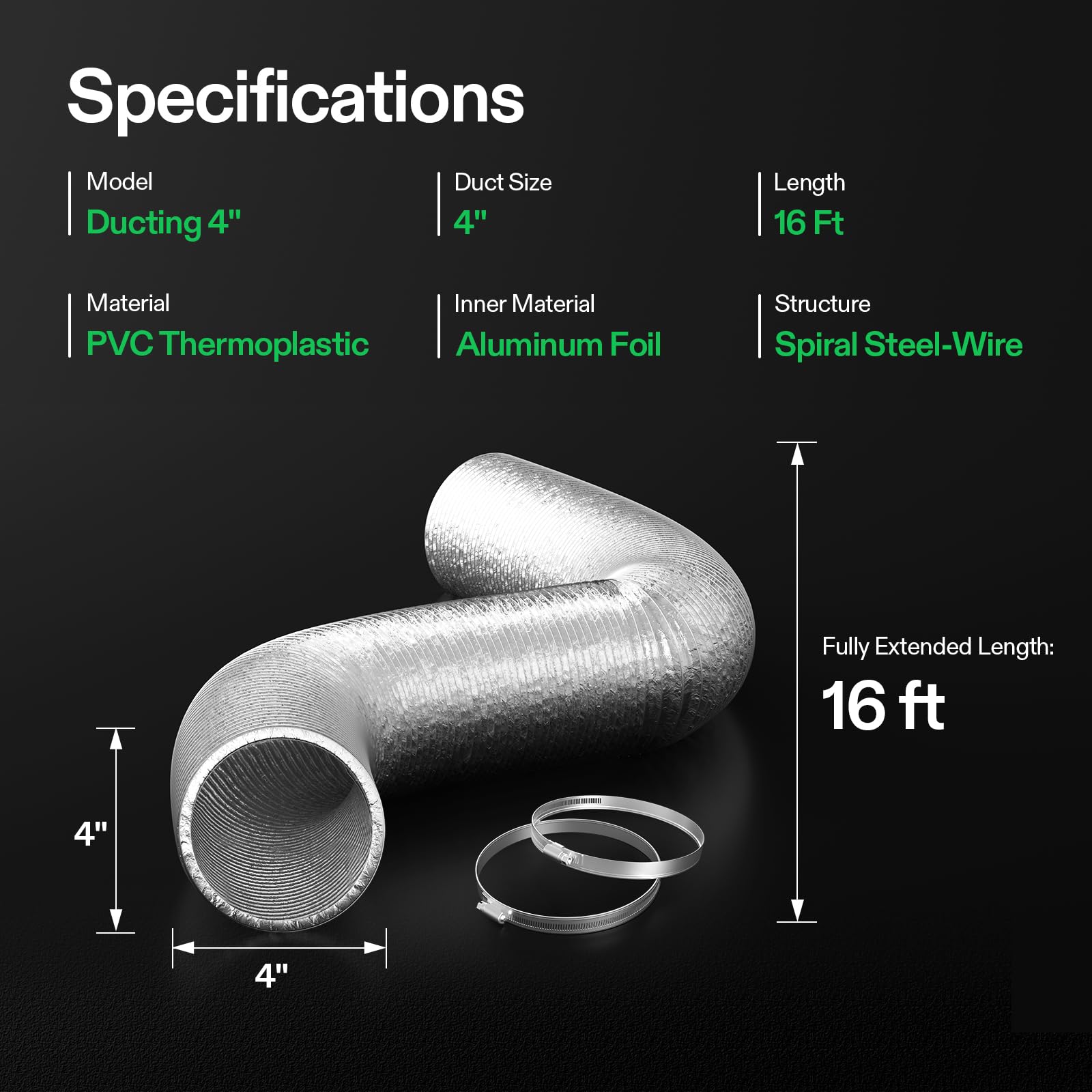 VIVOSUN 4 Inch 16 Feet Non-Insulated Flex Air Aluminum Ducting for HVAC Ventilation with 2 Stainless Steel Clamps