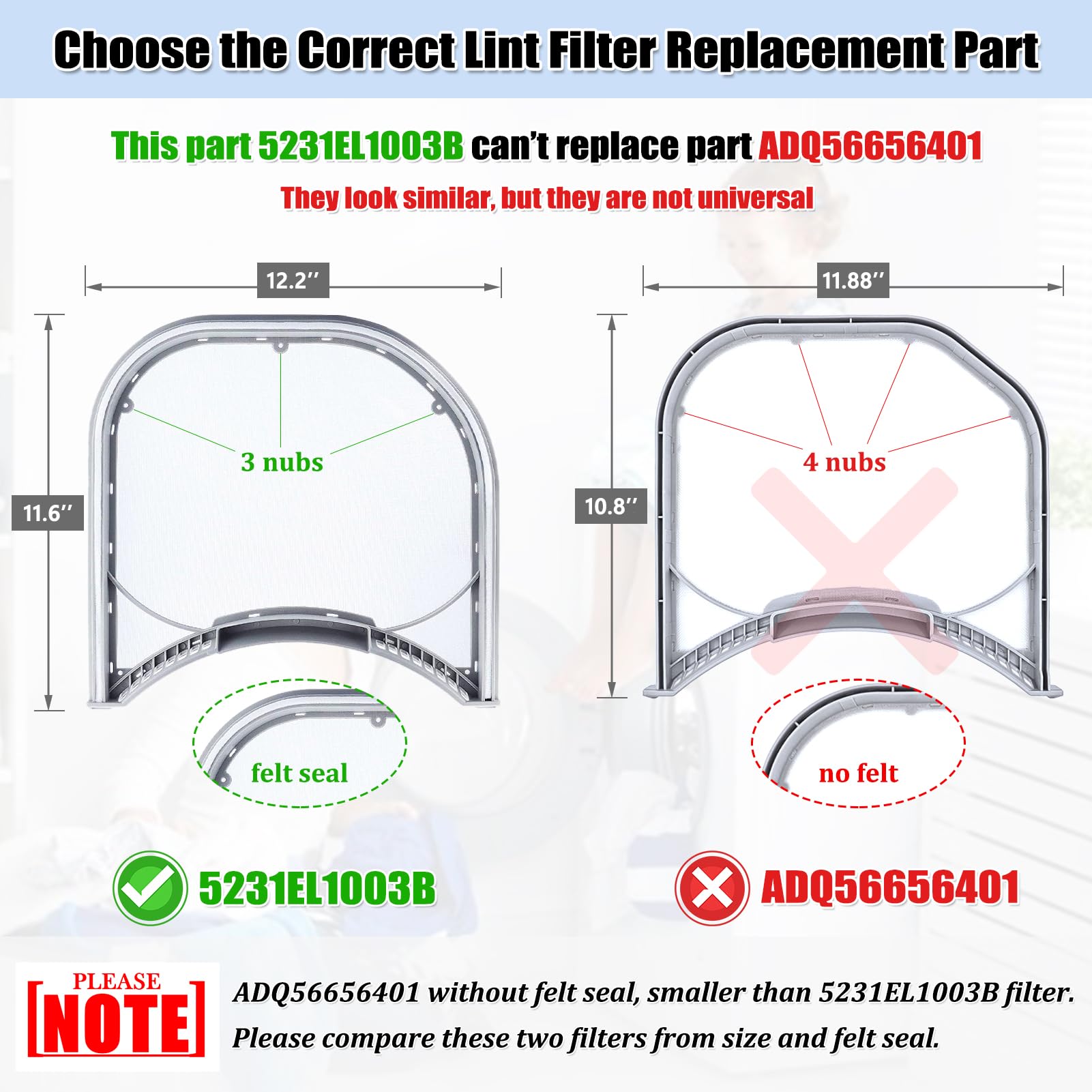 5231EL1003B Dryer Lint Filter with Felt Seal, 5231EL1003E Dryer Lint Screen Trap Filter Replacement Parts 5231EL1002E, 5231EL1003A, AP4440606, PS3527578