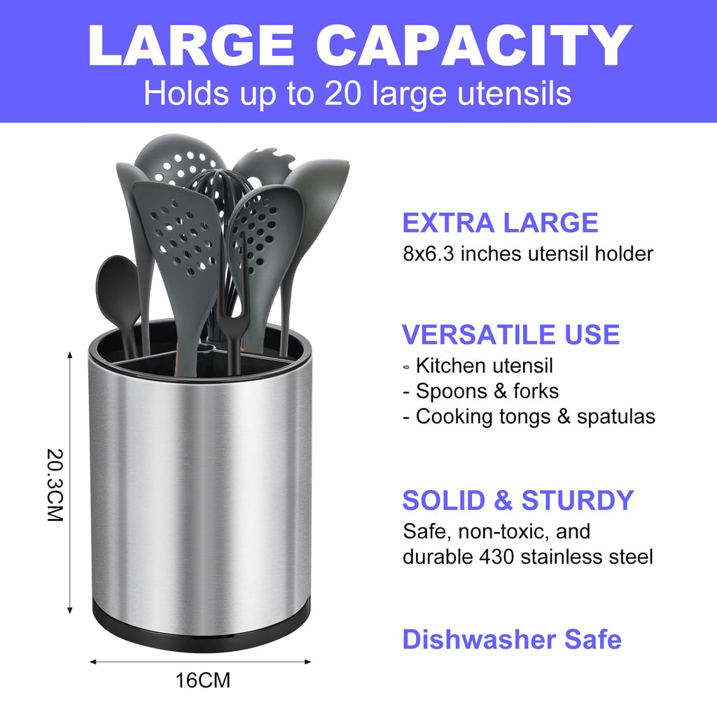 Kitchen Utensil Holder for Counter, Rotating Stainless Steel Utensil Organizer with Drainage Tray, 360°Rotating, Removable Divider, Large Cooking Utensil Crock