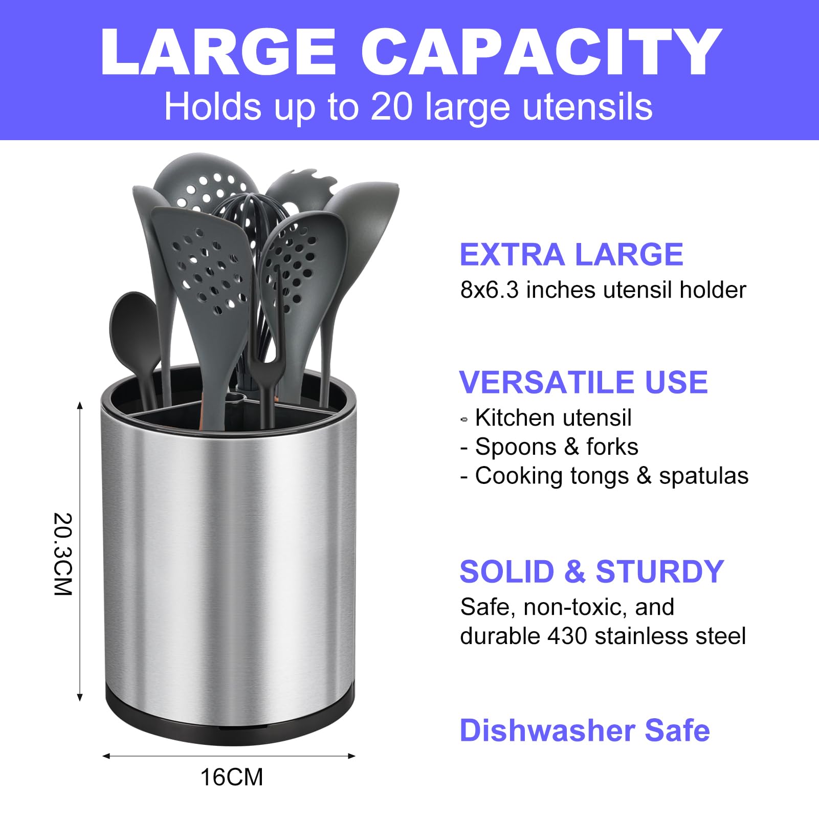 Kitchen Utensil Holder for Counter, Rotating Stainless Steel Utensil Organizer with Drainage Tray, 360°Rotating, Removable Divider, Large Cooking Utensil Crock