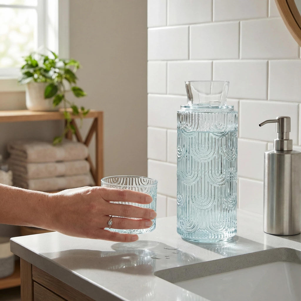 Bedside Water Carafe and Glass Set, Mouthwash Water Dispenser for Bathroom, 21.6 OZ Glass Pitcher Bottles with 6 OZ Lid for Bedroom and Dining (Light Blue)