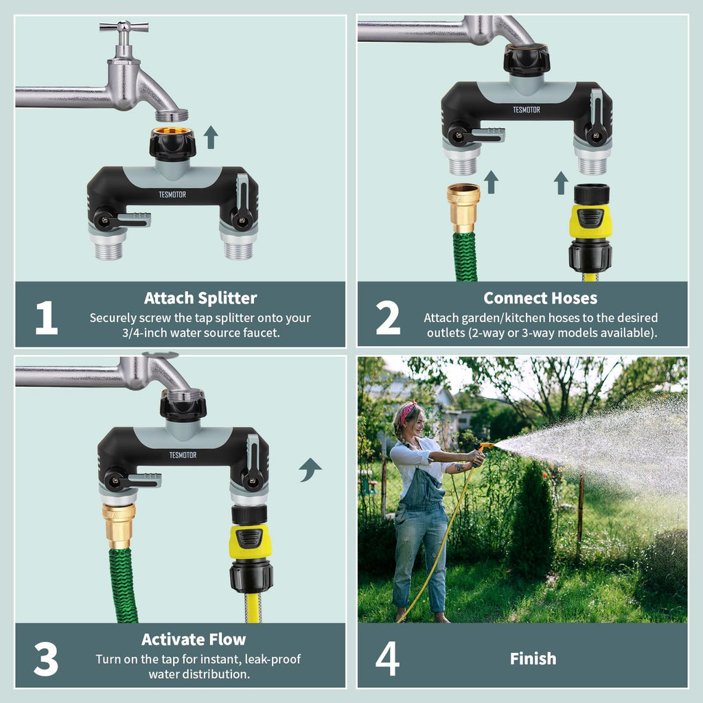 Tesmotor 2-Way Tap Splitter, 3/4 Inch 2 Way Hose Tap Splitter with 2 Individual Valves for Garden Kitchen Faucet