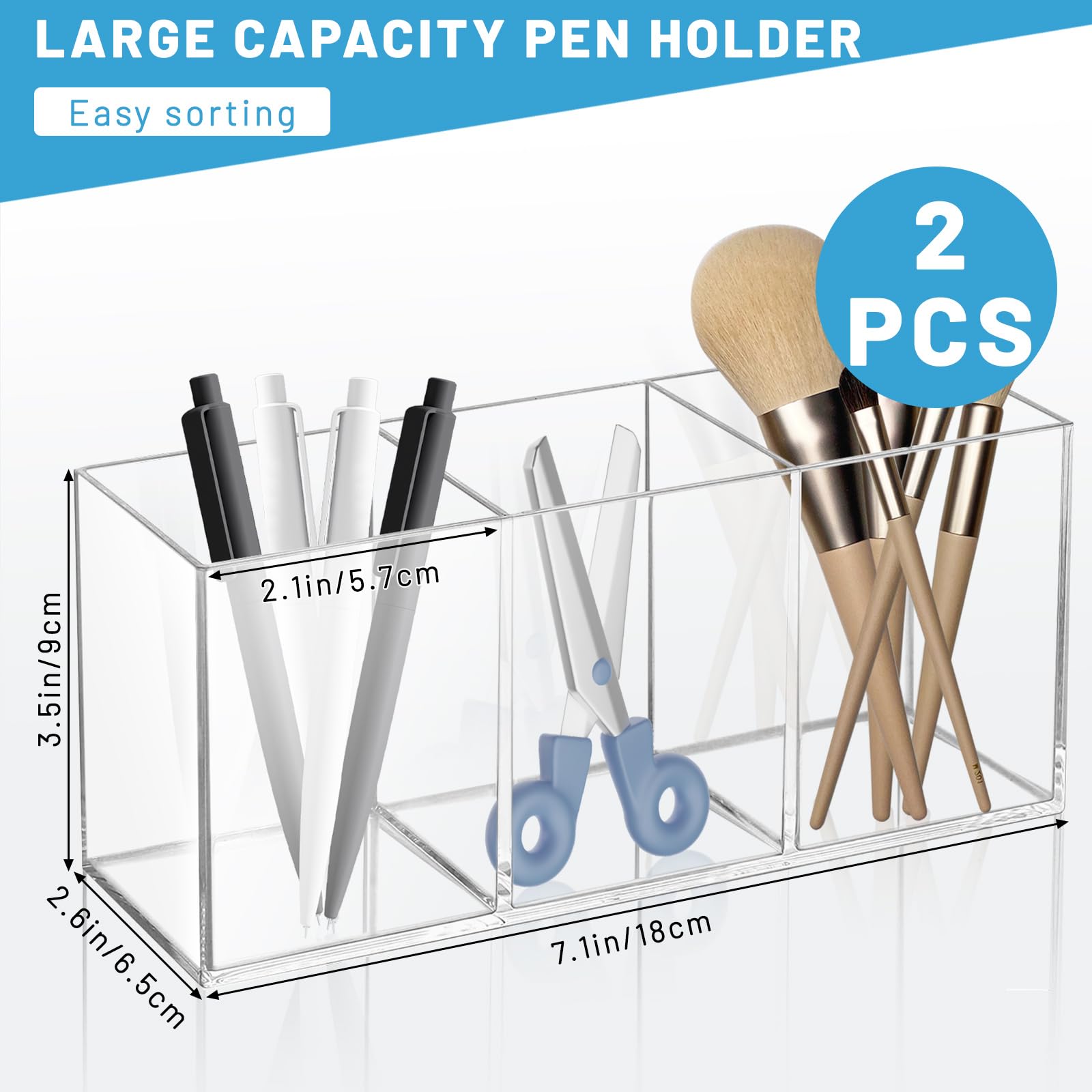 Realand 2Pcs Acrylic Pen Holder for Desk, 3 Compartments Clear Makeup Brush Holder Organizer, Pen Cup for Pencil Marker