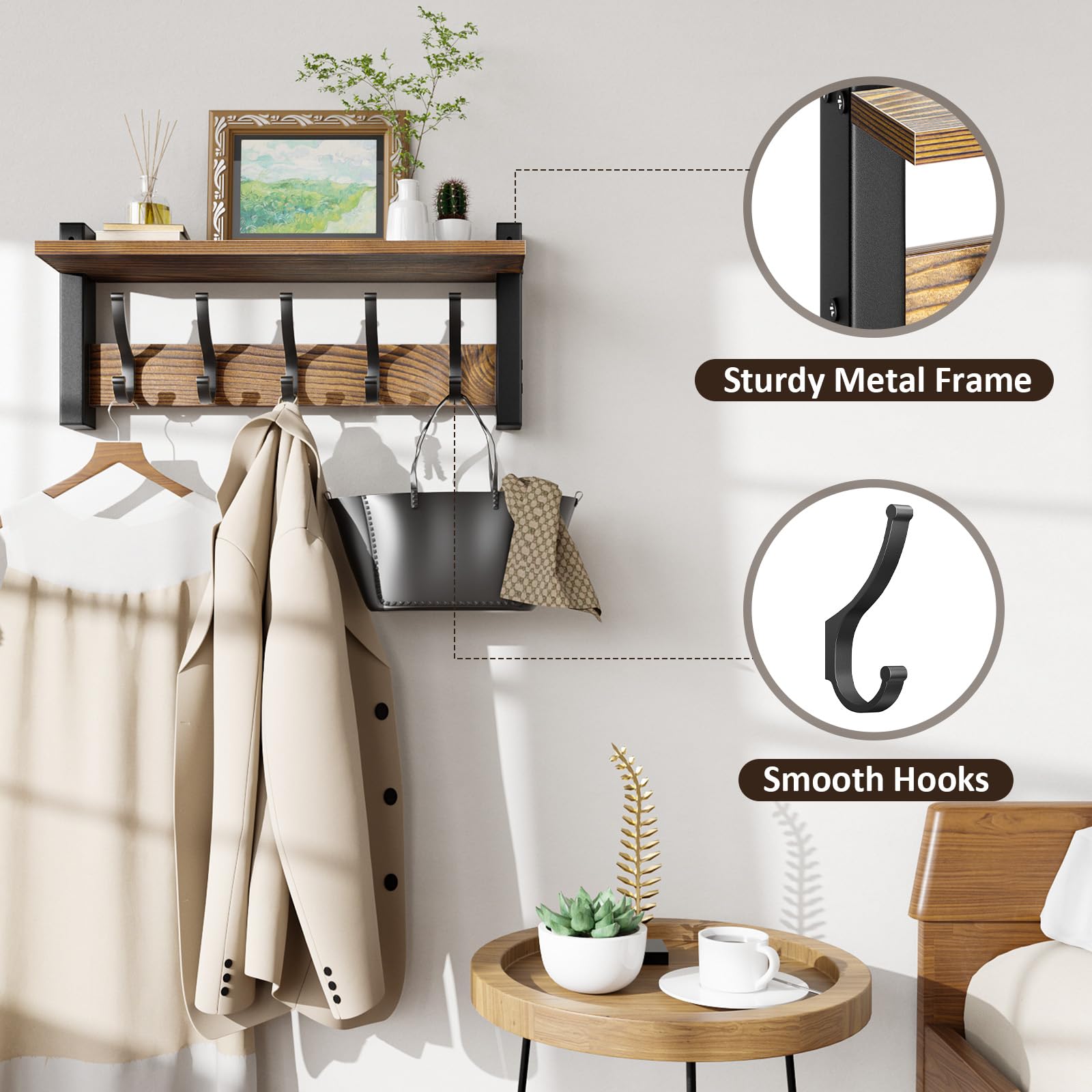 Coat Rack Wall Mount with Shelf, 17.1 Inch Coat Hanger Walls Mounted, Hat Rack for Walls, Shelf with 5 Coat Hooks, Wall Hanger for Entryway (Brown)