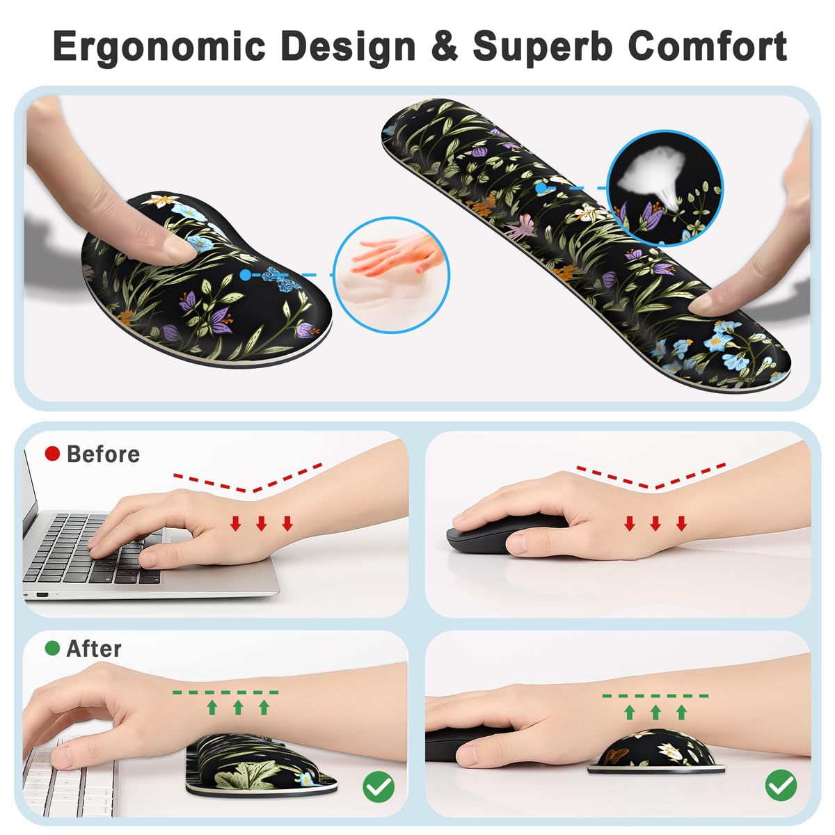 4 in 1 Extended Mouse Pad Set with Memory Foam Keyboard Wrist Rest, Mouse Wrist Cushion & Cute Coaster, Ergonomic Large Desk Pad for Home Office & Gaming (Wild Flowers)