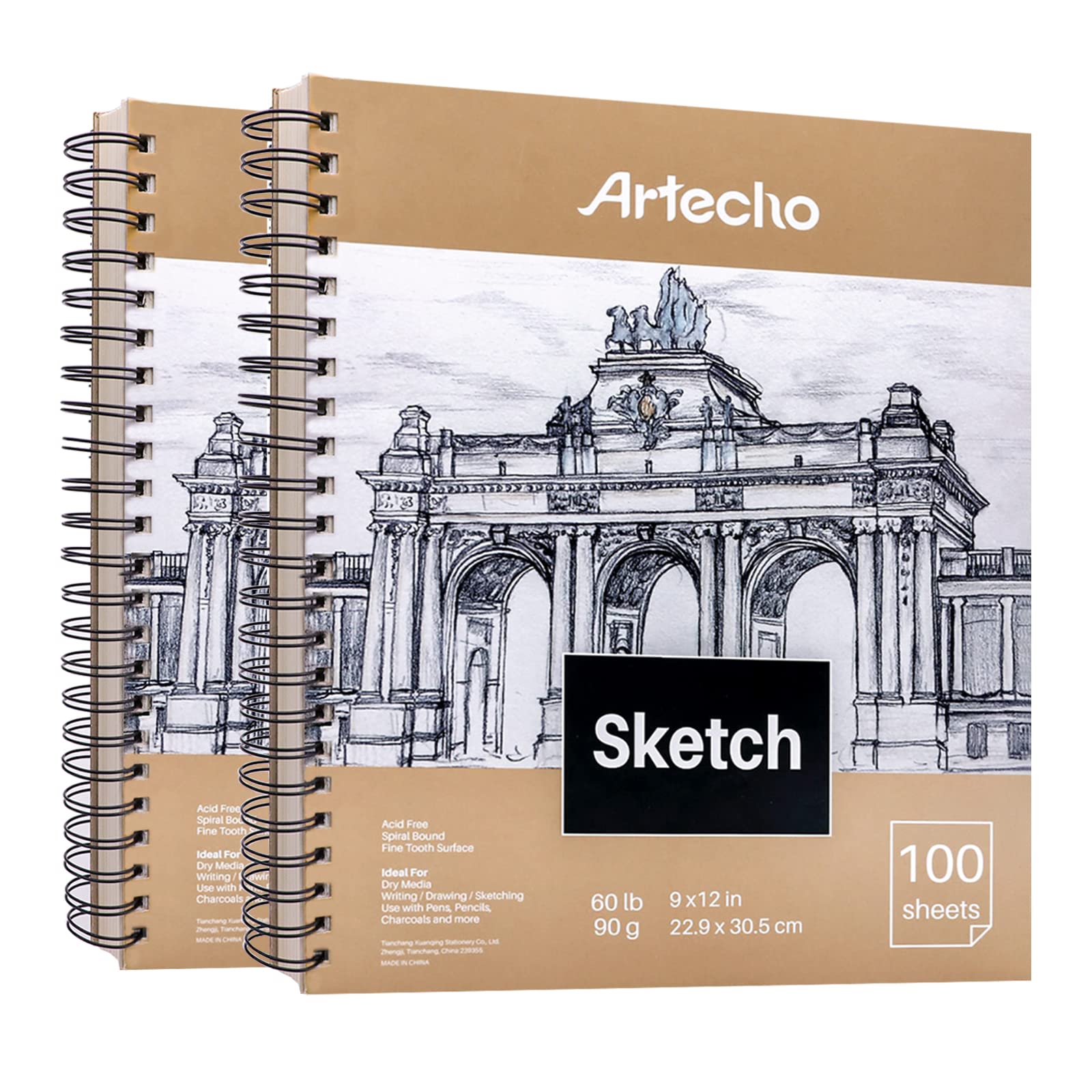 Artecho Sketch Book 9 x 12 Inch, 100 Sheets 90gsm, Pack of 2, Spiral hardcover sketchbook, Acid Free Sketch Paper, Sketch Pad, Sketchbook for Drawing