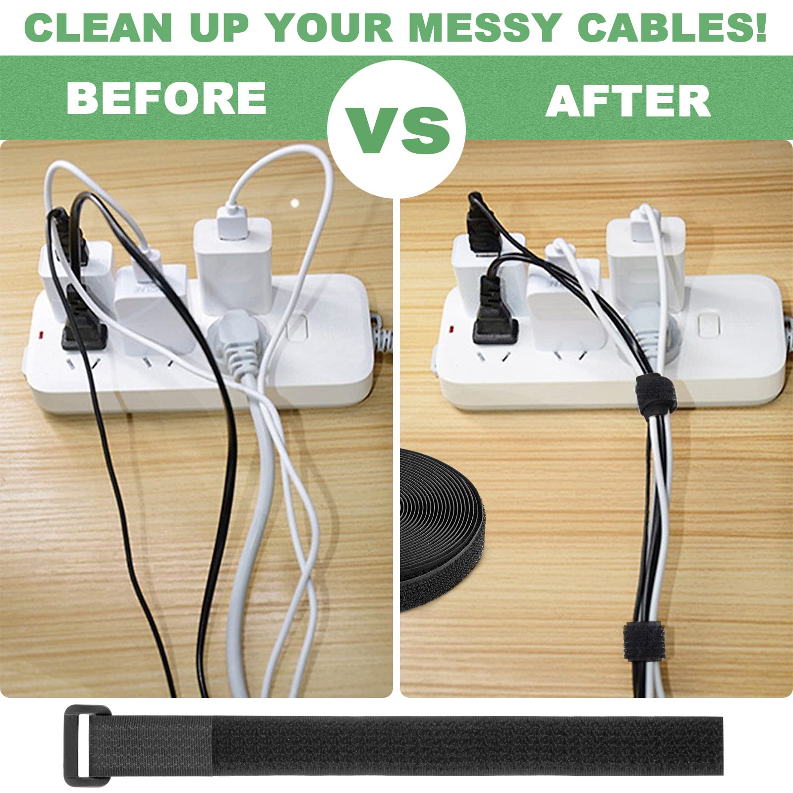 Moyisea 1''x40ft Hook and Loop Straps with 60 Buckles, Adjustable Cable Straps, Free Cut Length, Reusable Nylon Securing Cord Ties for Organizer or Storage, 1in Wide, Black